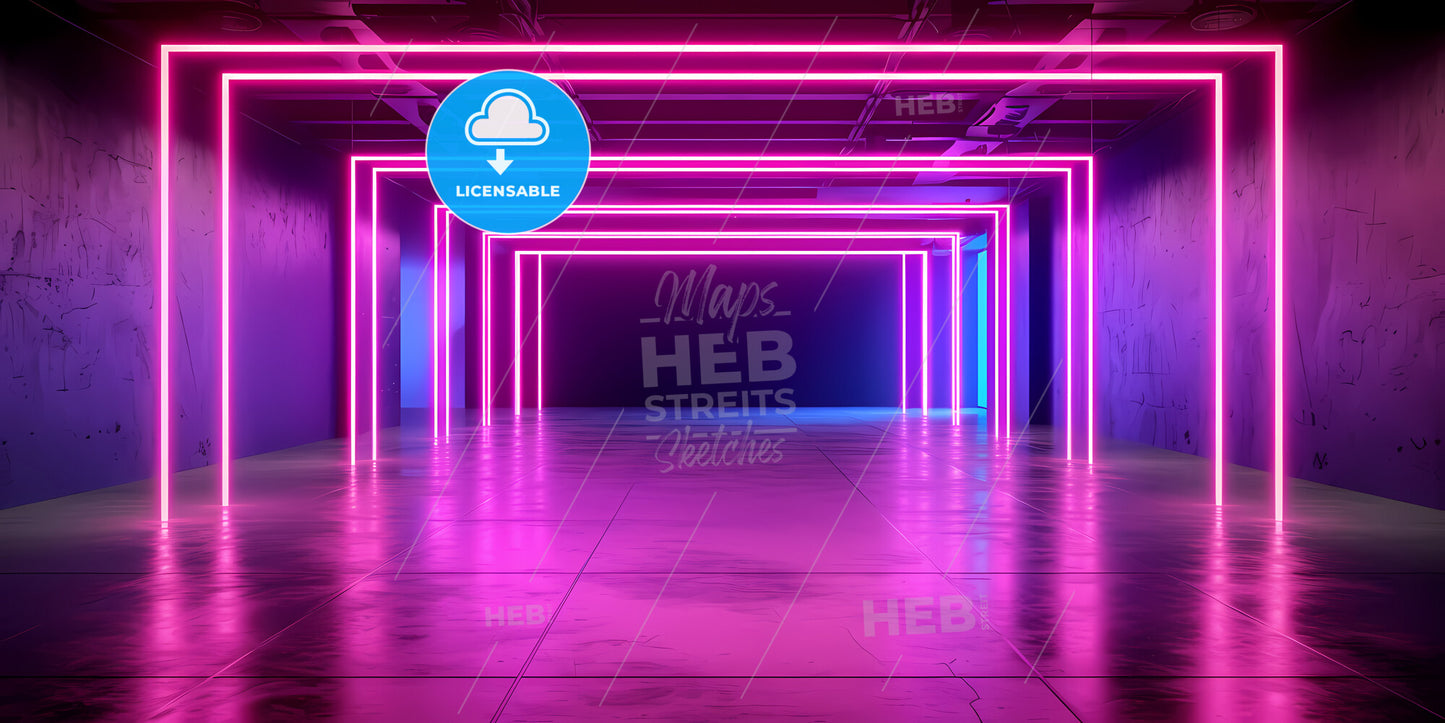 Abstract Neon Background, Empty Square Tunnel With Pink Glowing Lines - A Room With Pink And Blue Lights