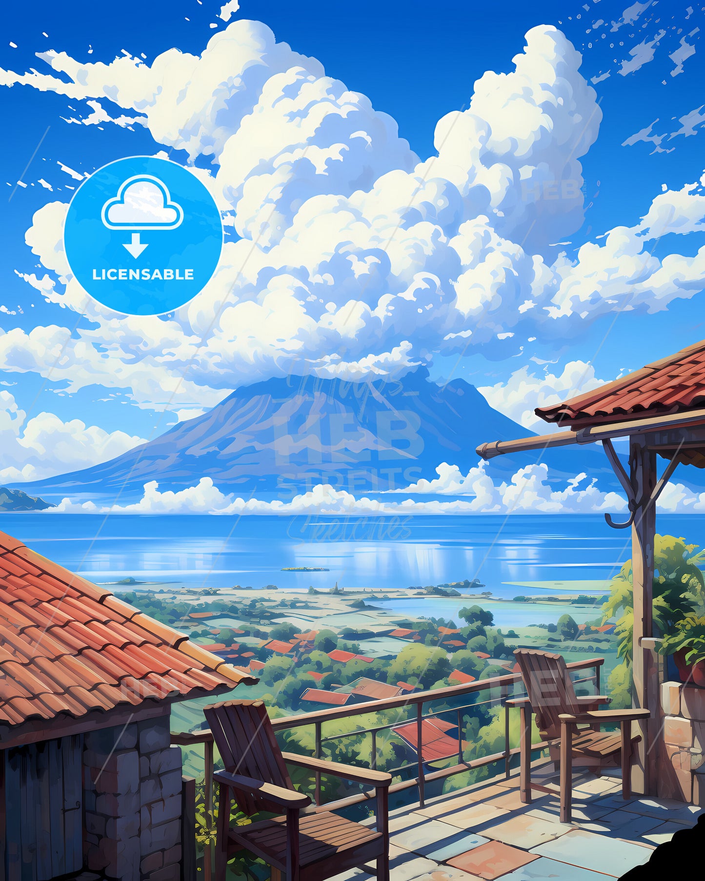 On The Roof Of Gili Islands, Indonesia - A View Of A Mountain And A Lake From A Balcony