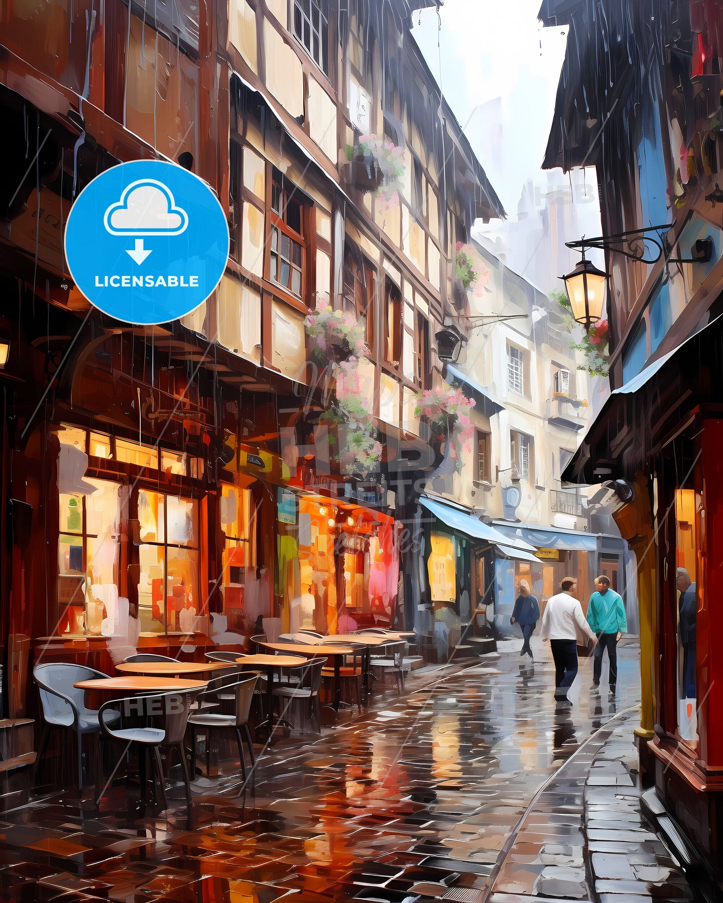 Nantes, France - A Rainy Street With Tables And Chairs