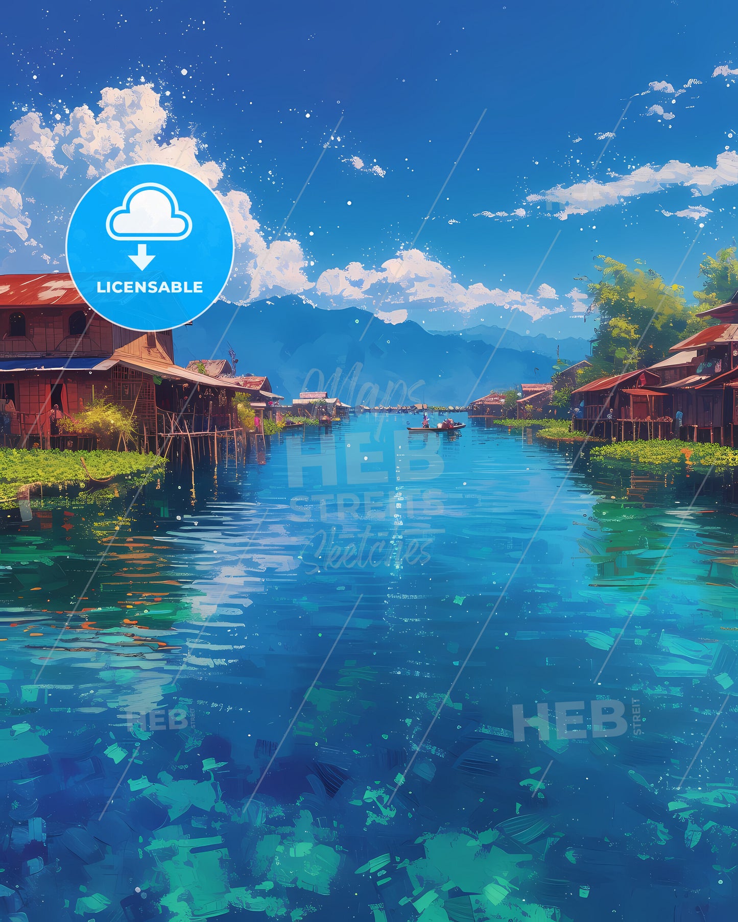 Inle Lake, Myanmar - A Water Way With Houses And A Boat