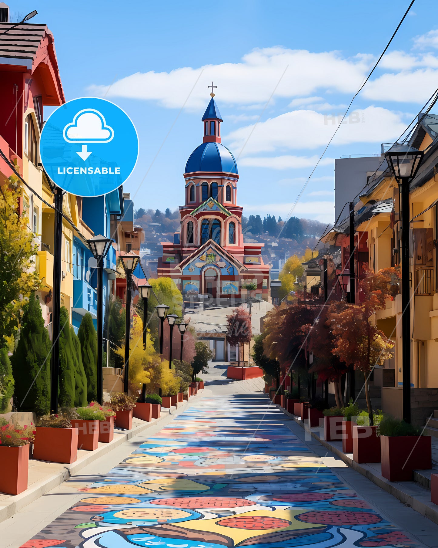 Timișoara, Romania - A Colorful Street With A Church And Trees