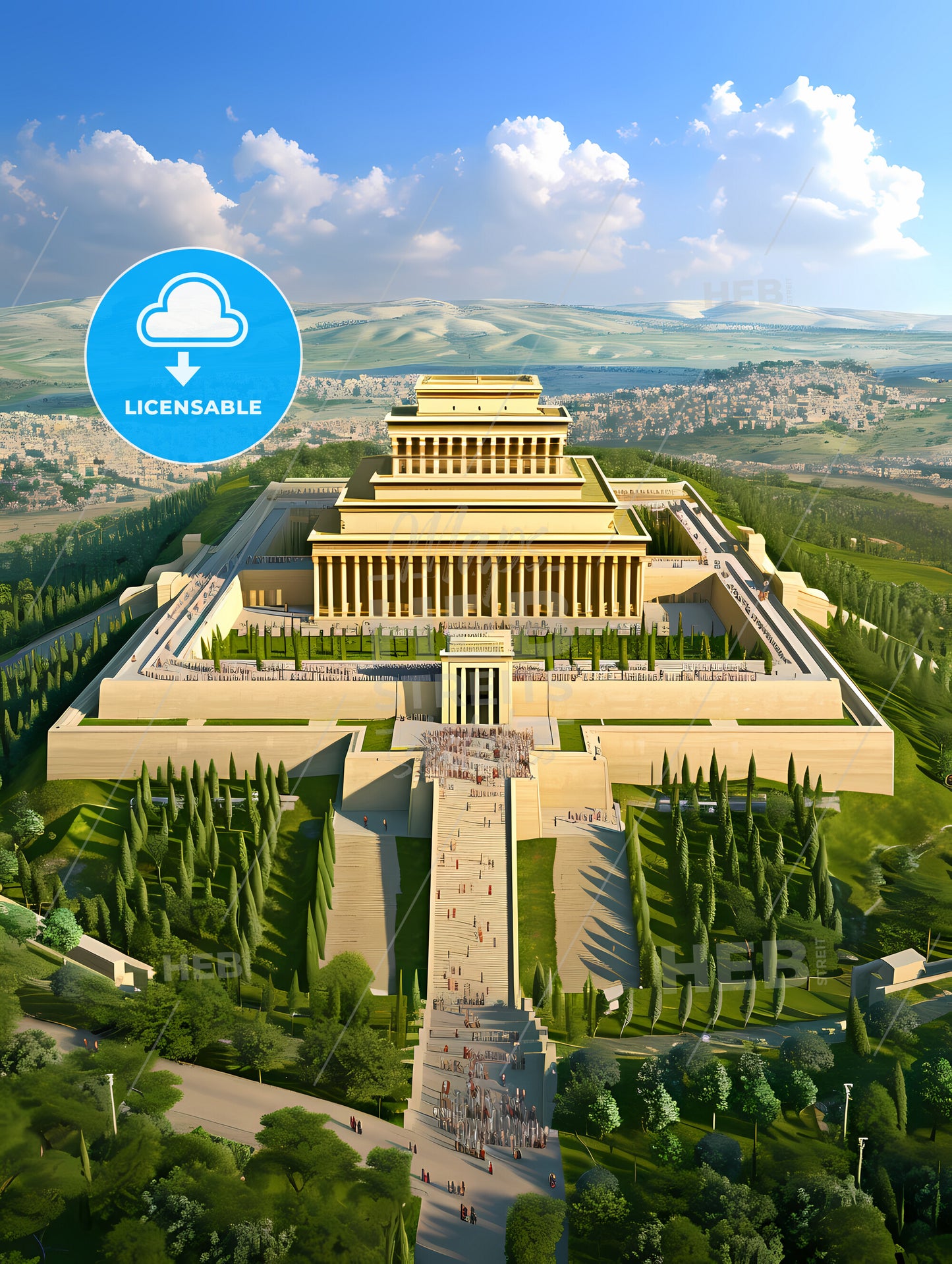 Generate An Image Of A Bustling Ancient Jerusalem, Setting The Stage For Bathsheba's Story - A Large Building With Columns And A Large Courtyard