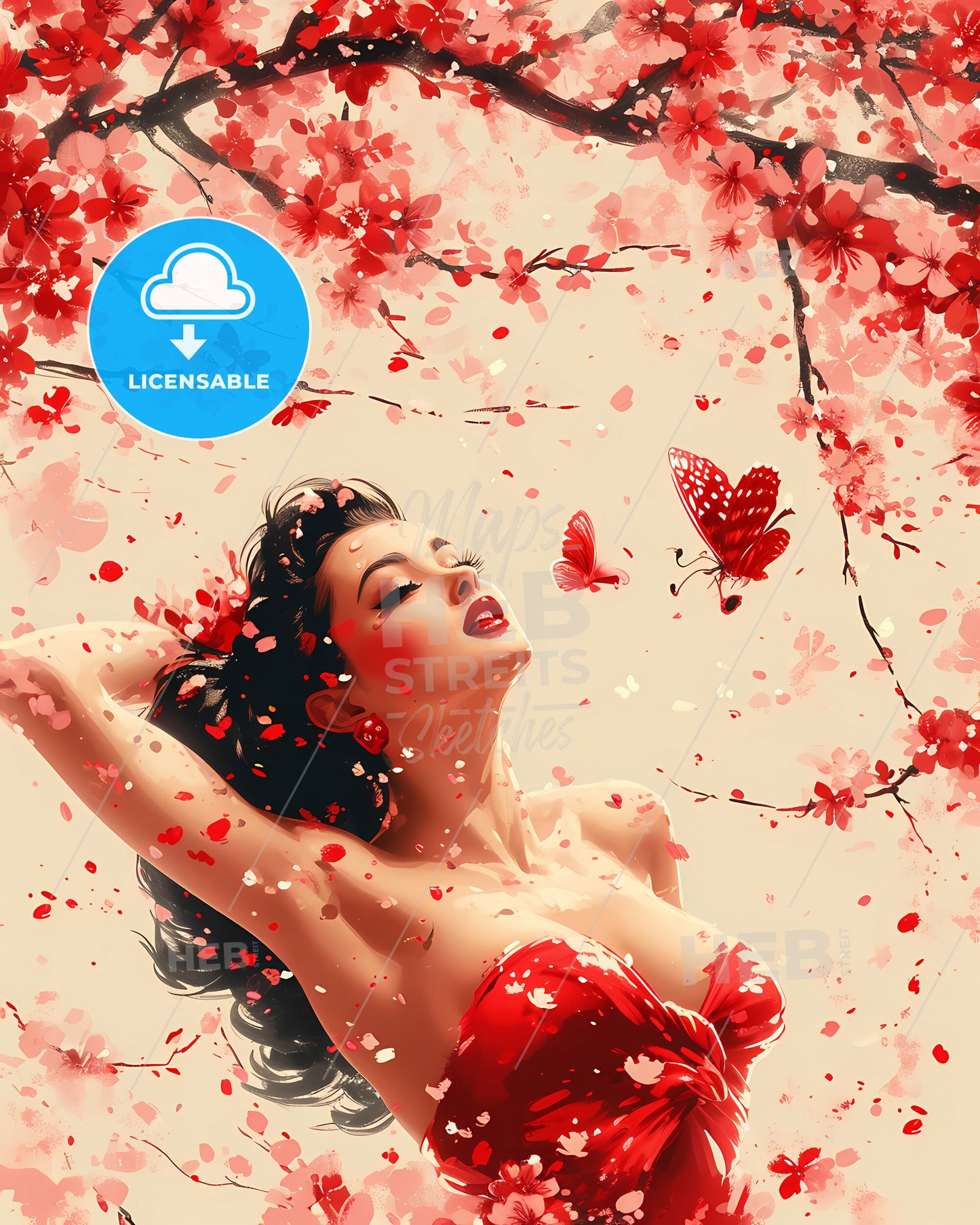 Playful Scene Of A Retro Housewife - A Woman In A Red Dress Under A Tree With Butterflies