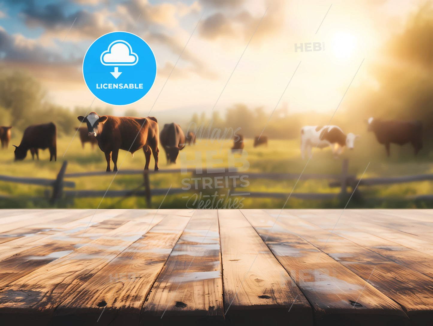 Empty Wooden Table Rustical Style For Product Presentation With A Blurred Cows On Grass In The Background - A Wooden Table With Cows In The Background