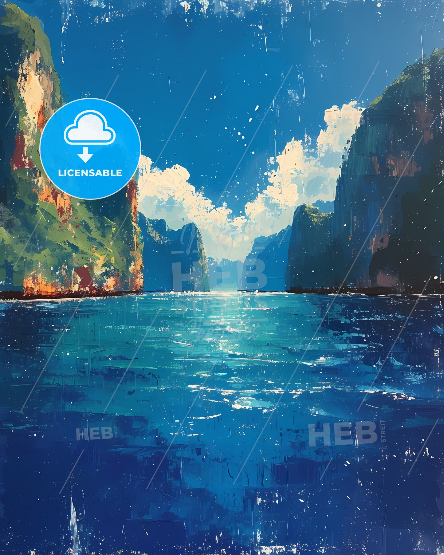 Hạ Long Bay, Vietnam - A Painting Of A Body Of Water With Mountains And Blue Sky