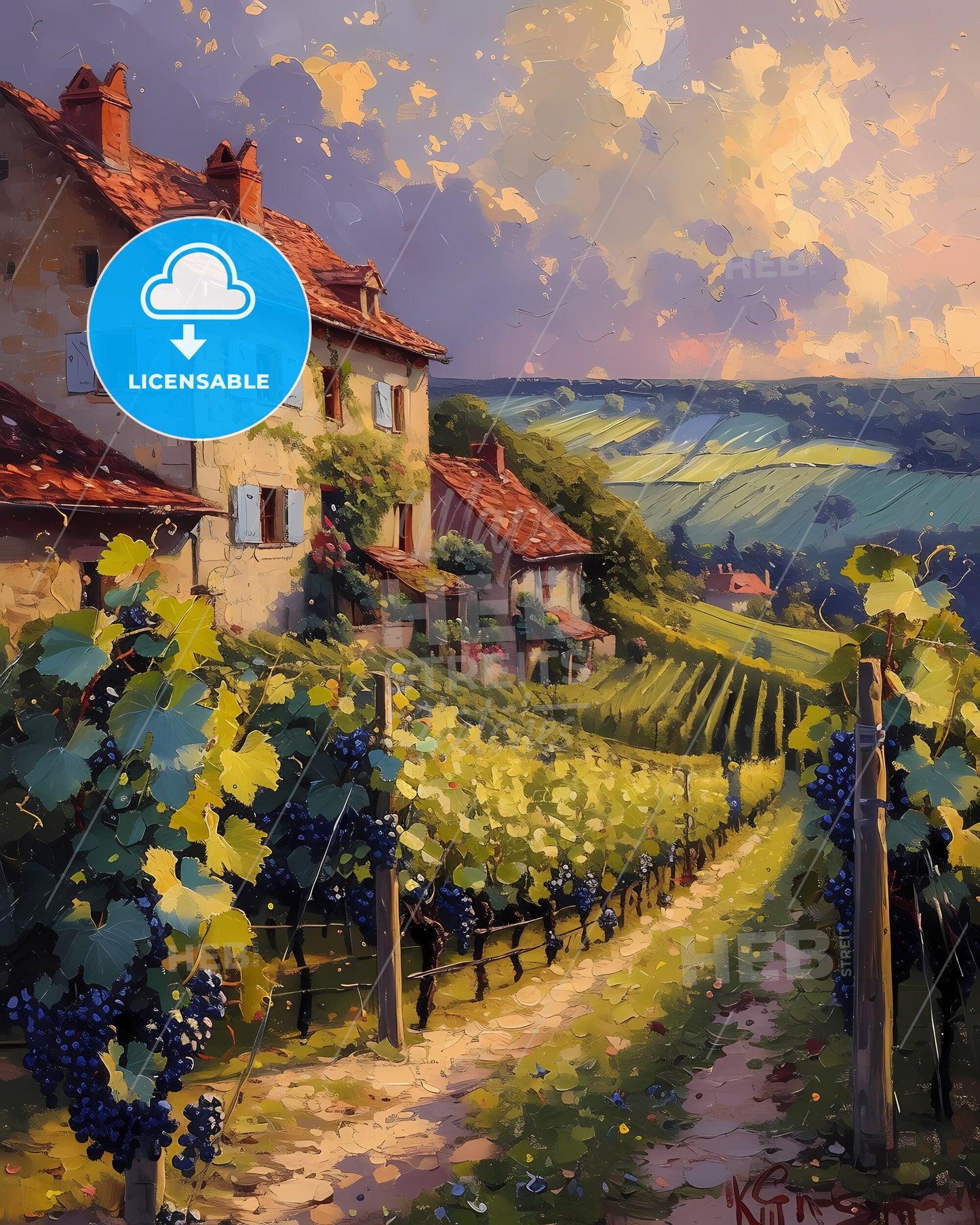 Burgundy, France - A Painting Of A House With A Vineyard