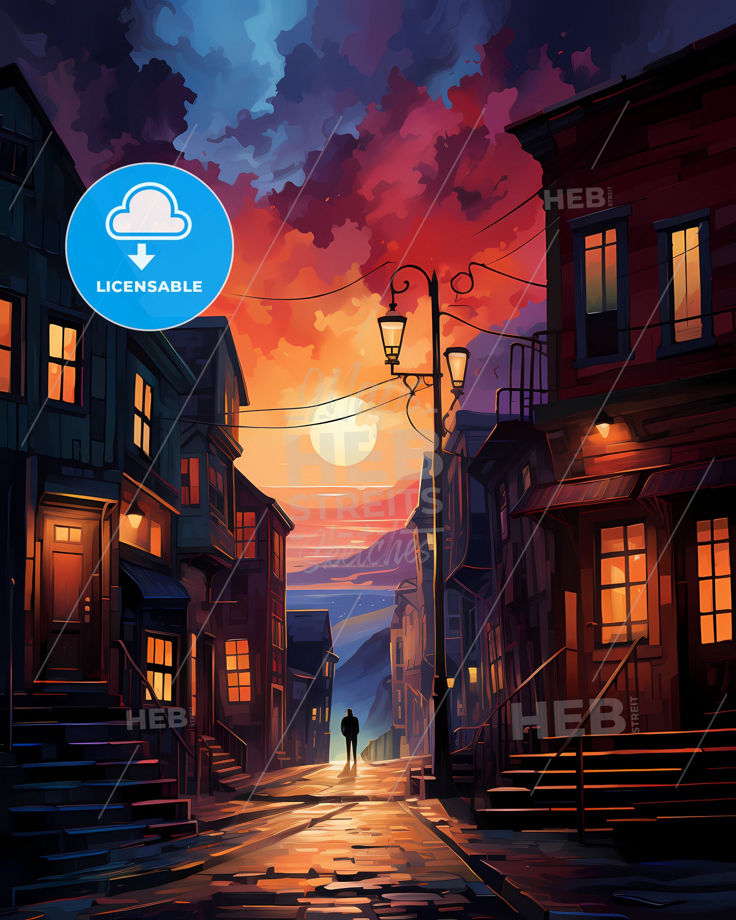 Sandnes, Norway - A Person Walking Down A Street With Buildings And A Sunset