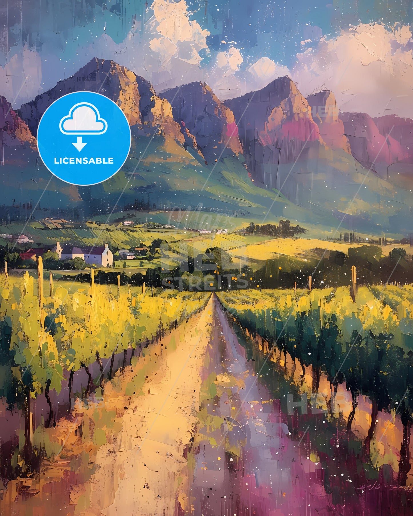 Stellenbosch, South Africa - A Painting Of A Vineyard And Mountains