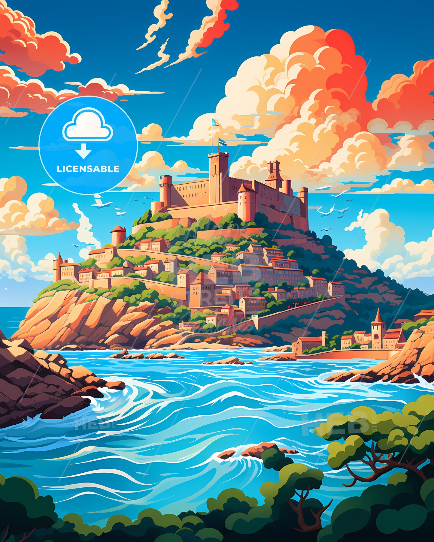 Marseille, France - A Castle On A Hill With Water And Trees