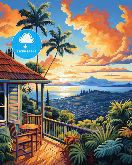 On The Roof Of Cook Islands, New Zealand - A Painting Of A House Overlooking A Valley With Palm Trees And A Sunset