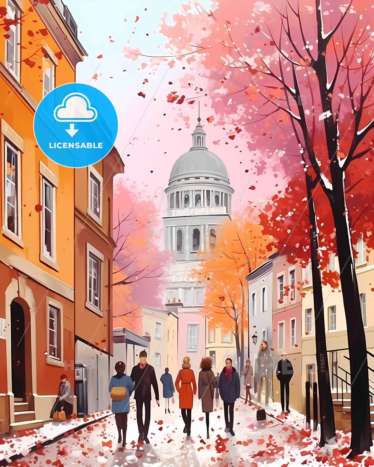 Bristol, England - A Group Of People Walking Down A Street With Buildings And Trees