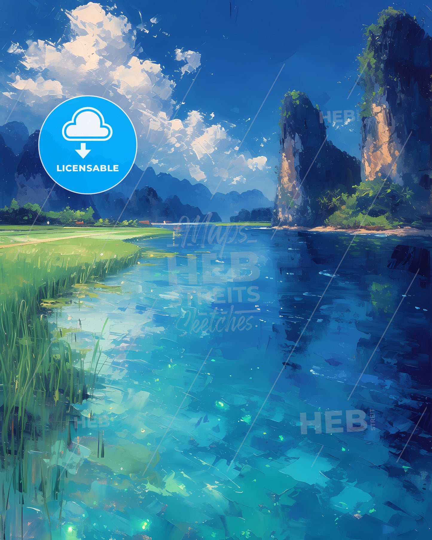 Tam Coc, Vietnam - A River With Grass And Mountains