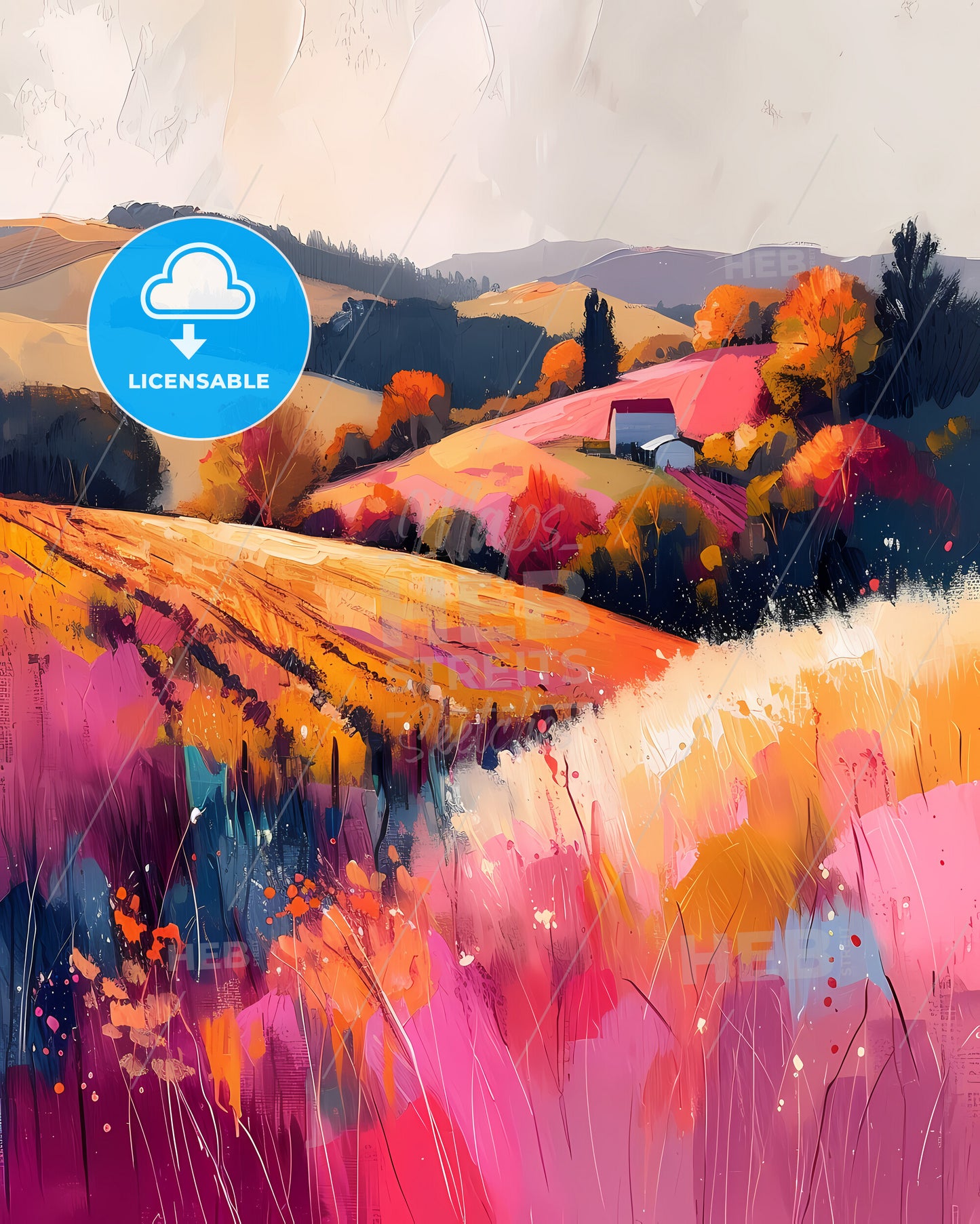 Martinborough, New Zealand - A Painting Of A Field Of Flowers And Trees