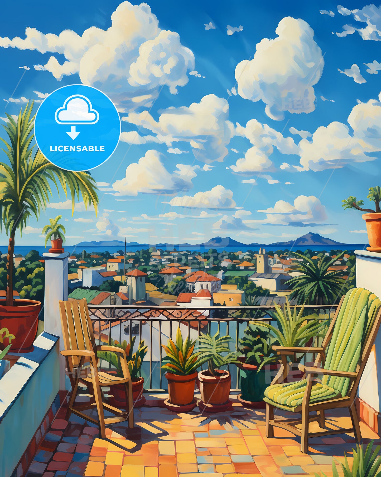 On The Roof Of Mauritius, Republic Of Mauritius - A Painting Of A Balcony With Chairs And Plants