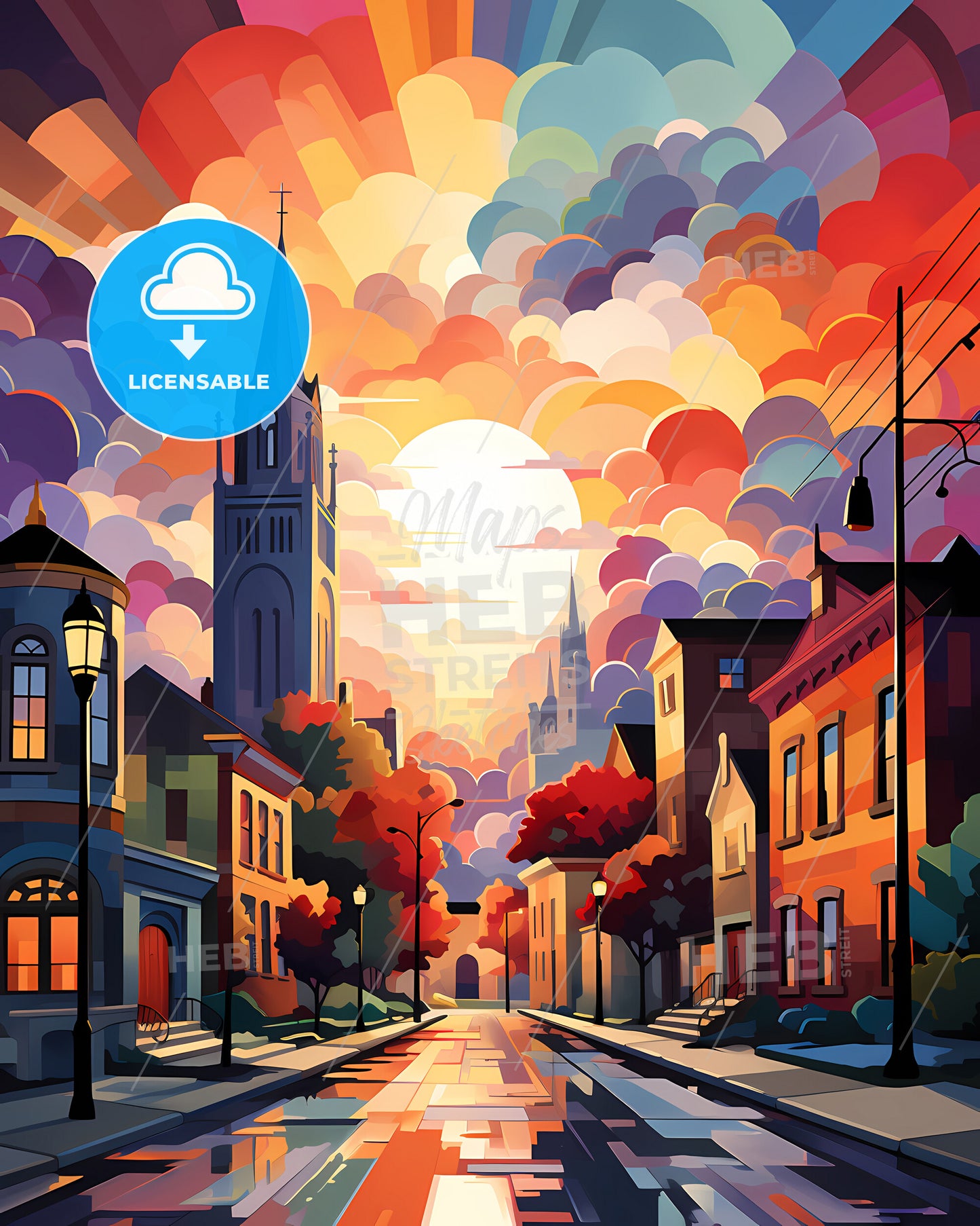 Chicago - A Street With Buildings And A Colorful Sky