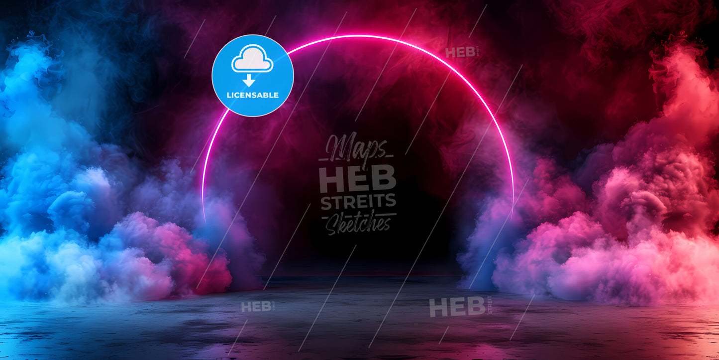 Abstract Neon Background With Illuminated Cloud And Round Geometric Arch - A Pink And Blue Circle With Smoke
