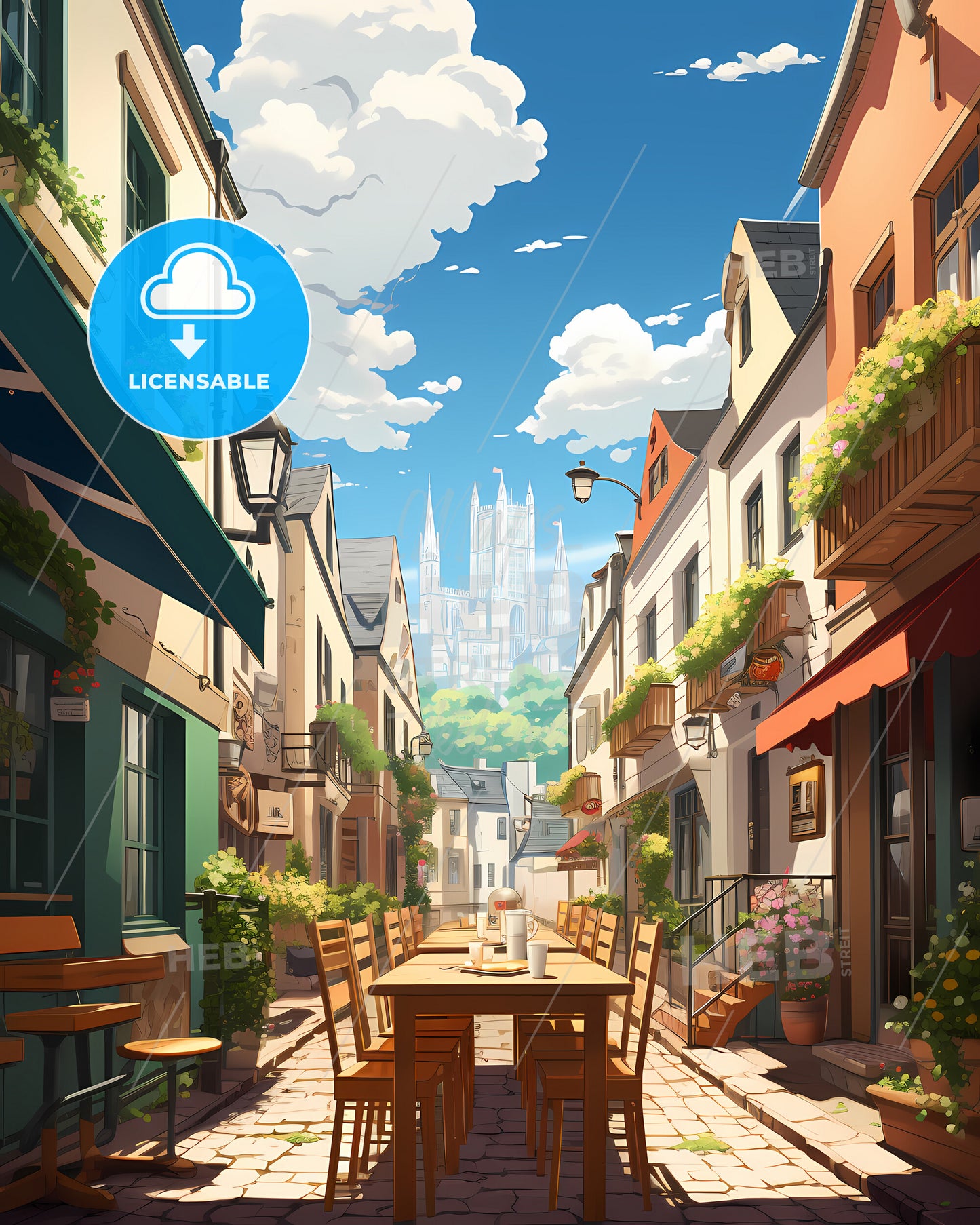 Rouen, France - A Street With Tables And Chairs In A City