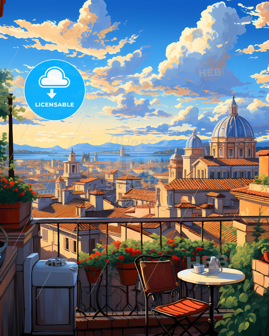 On The Roofs Of Rome, Italy - A Balcony With A View Of A City And A Blue Sky