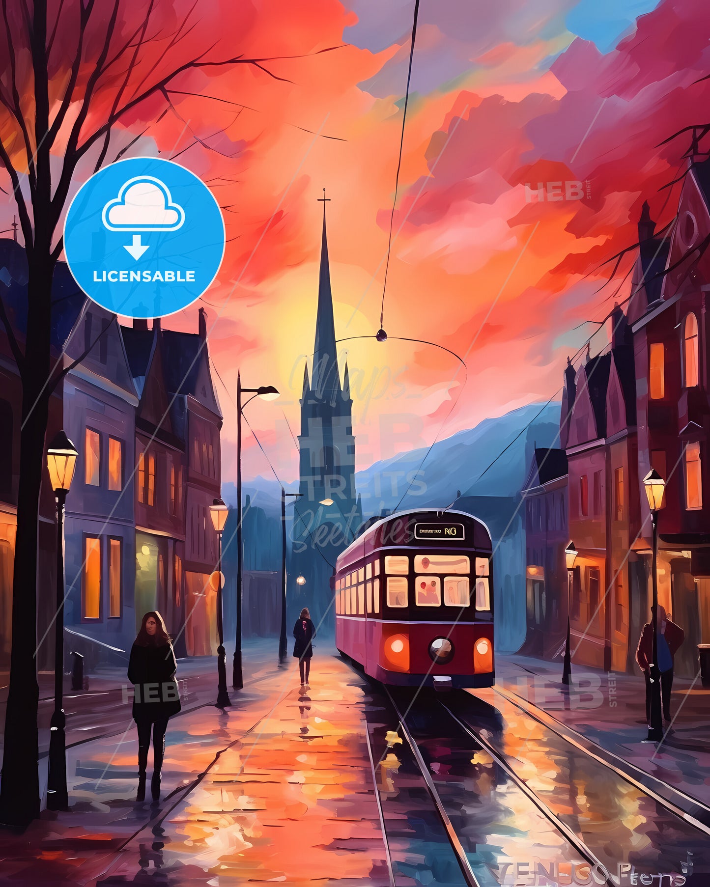 Sheffield, England - A Painting Of A Street With A Train And People Walking On It