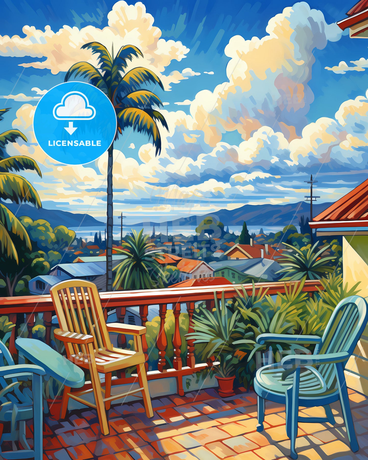 On The Roof Of Cook Islands, New Zealand - A Deck With Chairs And Palm Trees