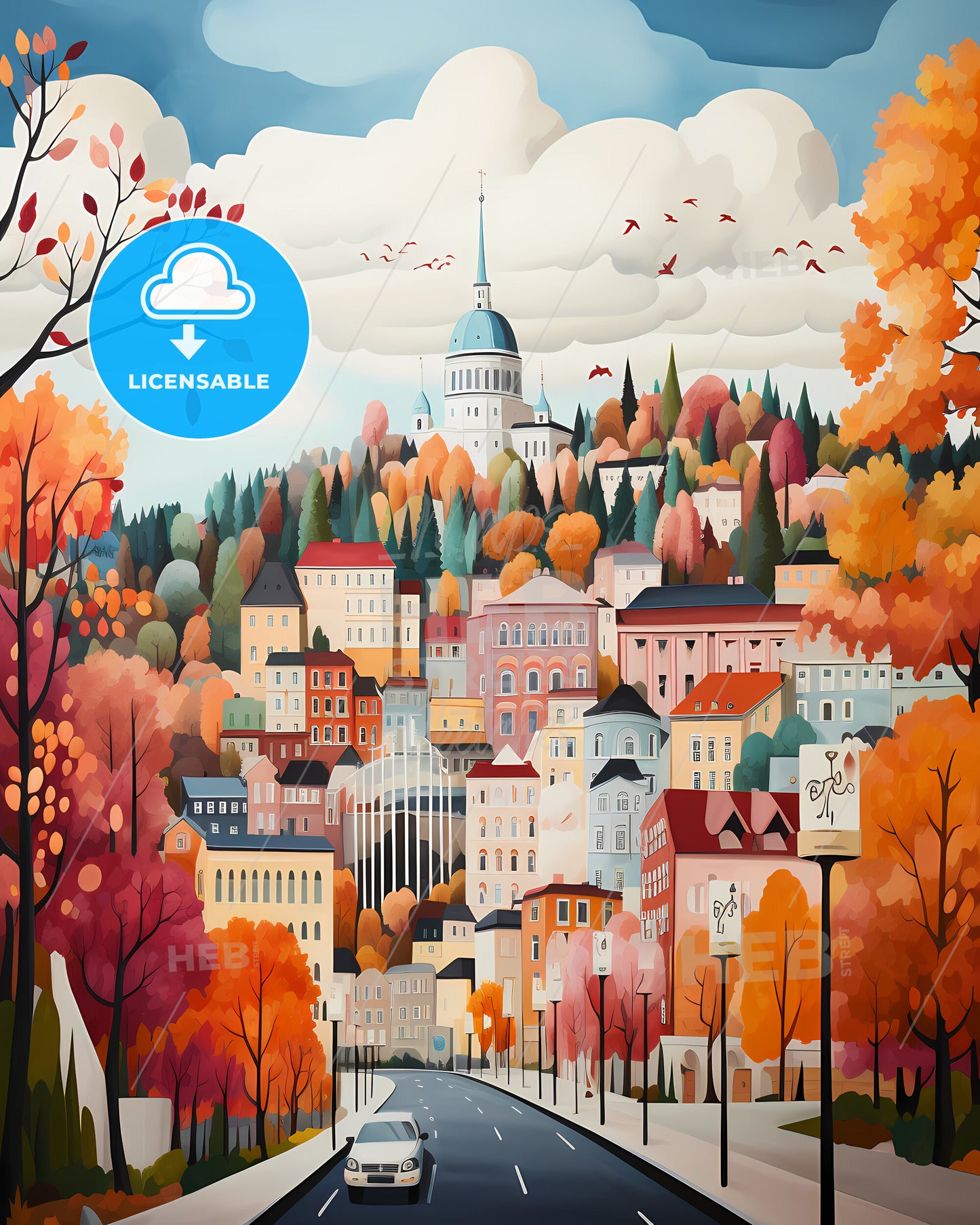 Tampere, Finland - A Painting Of A City With Trees And A Road