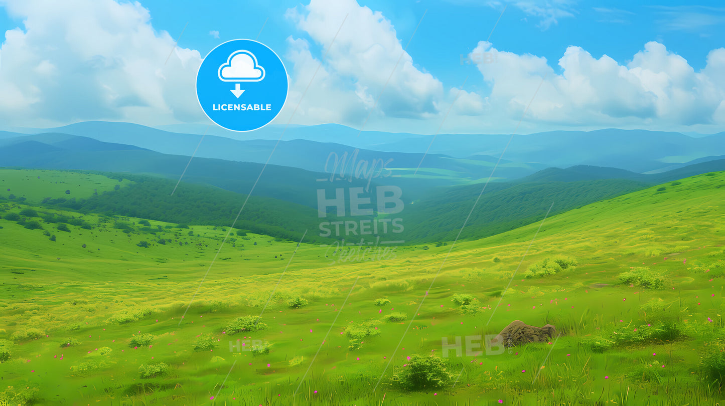 A Animal Runs On The Hill Side, In The Style Of Japanese Minimalism - A Green Field With Hills And Blue Sky