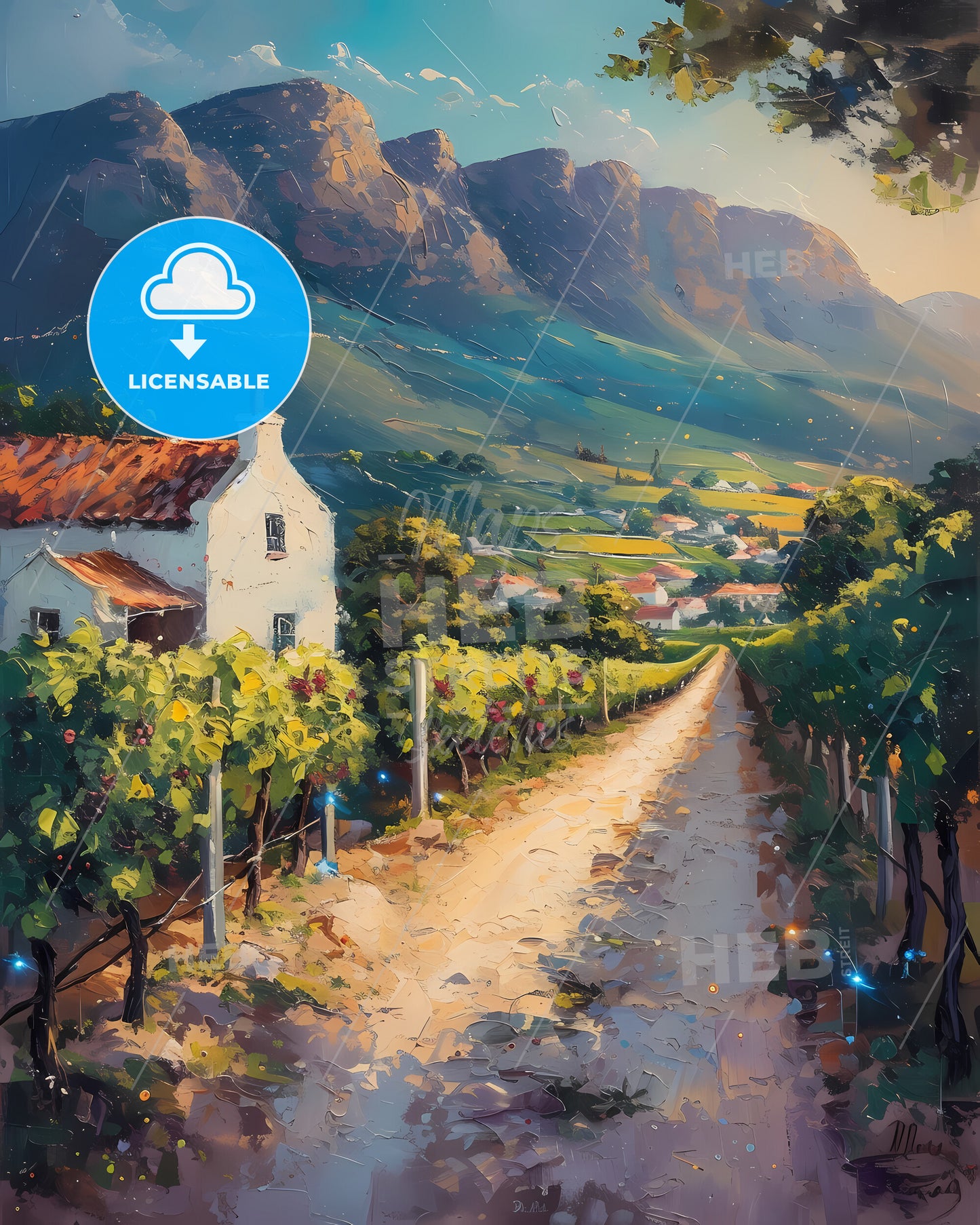Stellenbosch, South Africa - A Painting Of A House And Vineyard