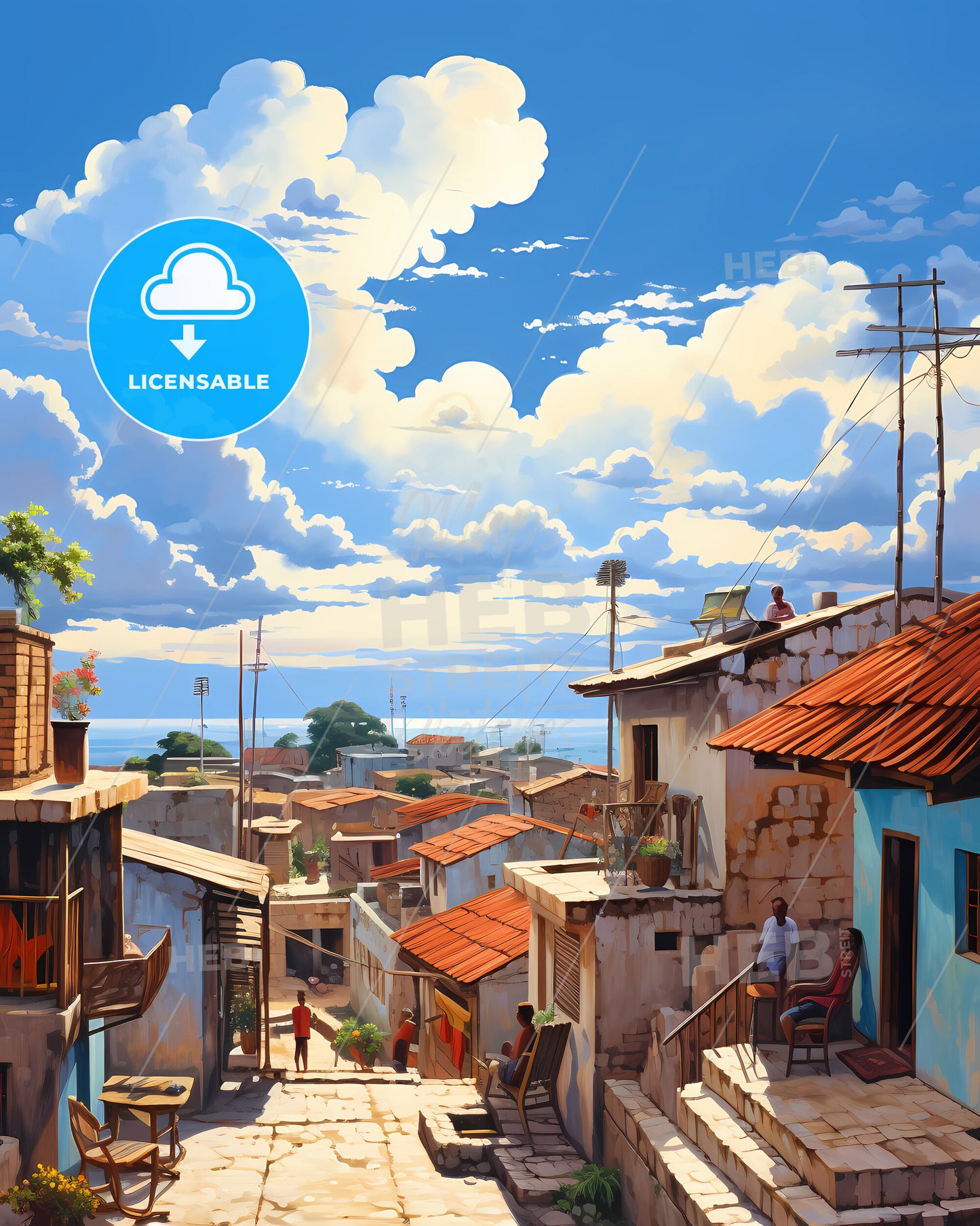 On The Roof Of Zanzibar, Tanzania - A Street With Buildings And People On The Stairs