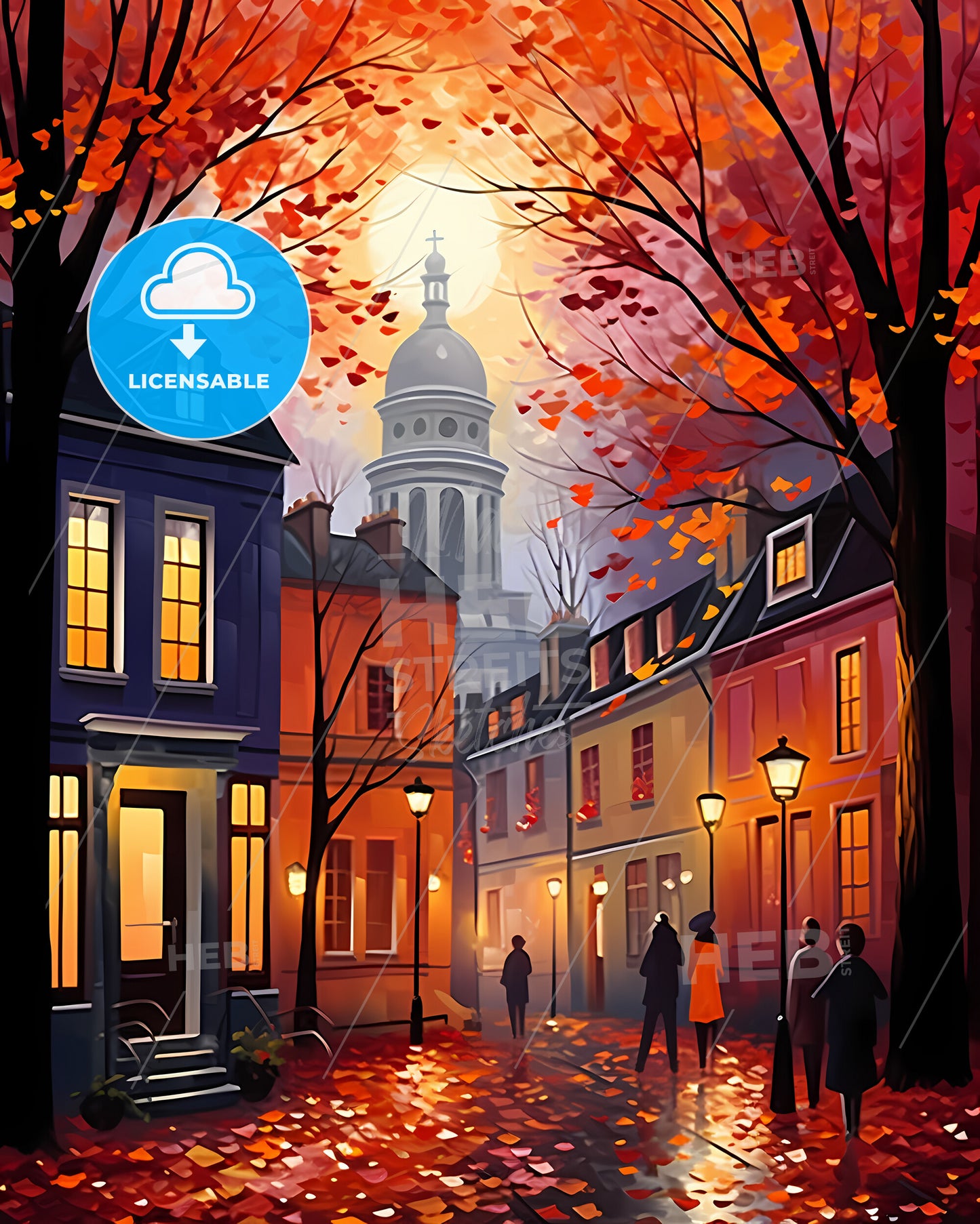 Nottingham, England - A Painting Of A Street With Trees And People Walking