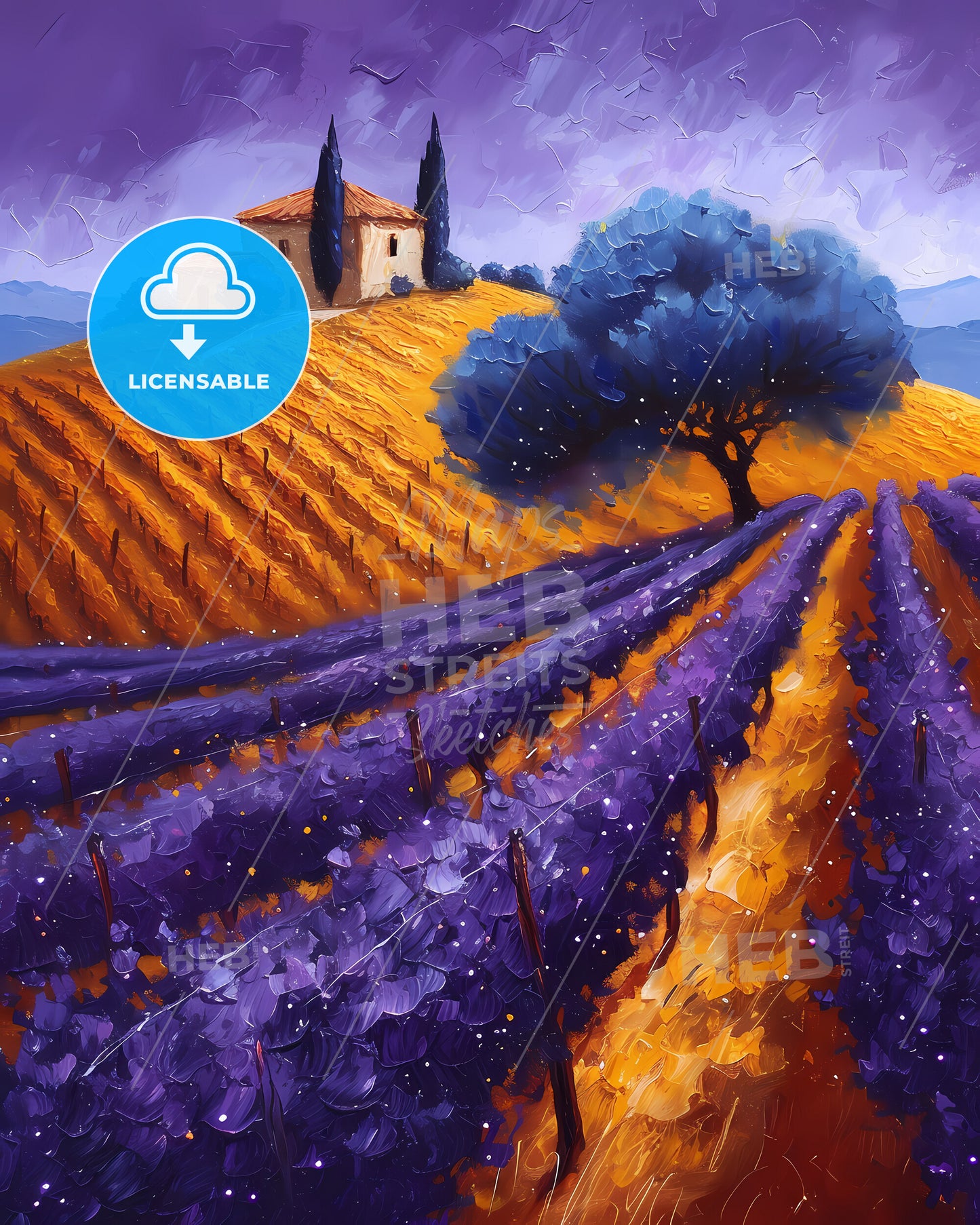 Priorat, Spain - A Painting Of A House And Fields Of Purple Flowers