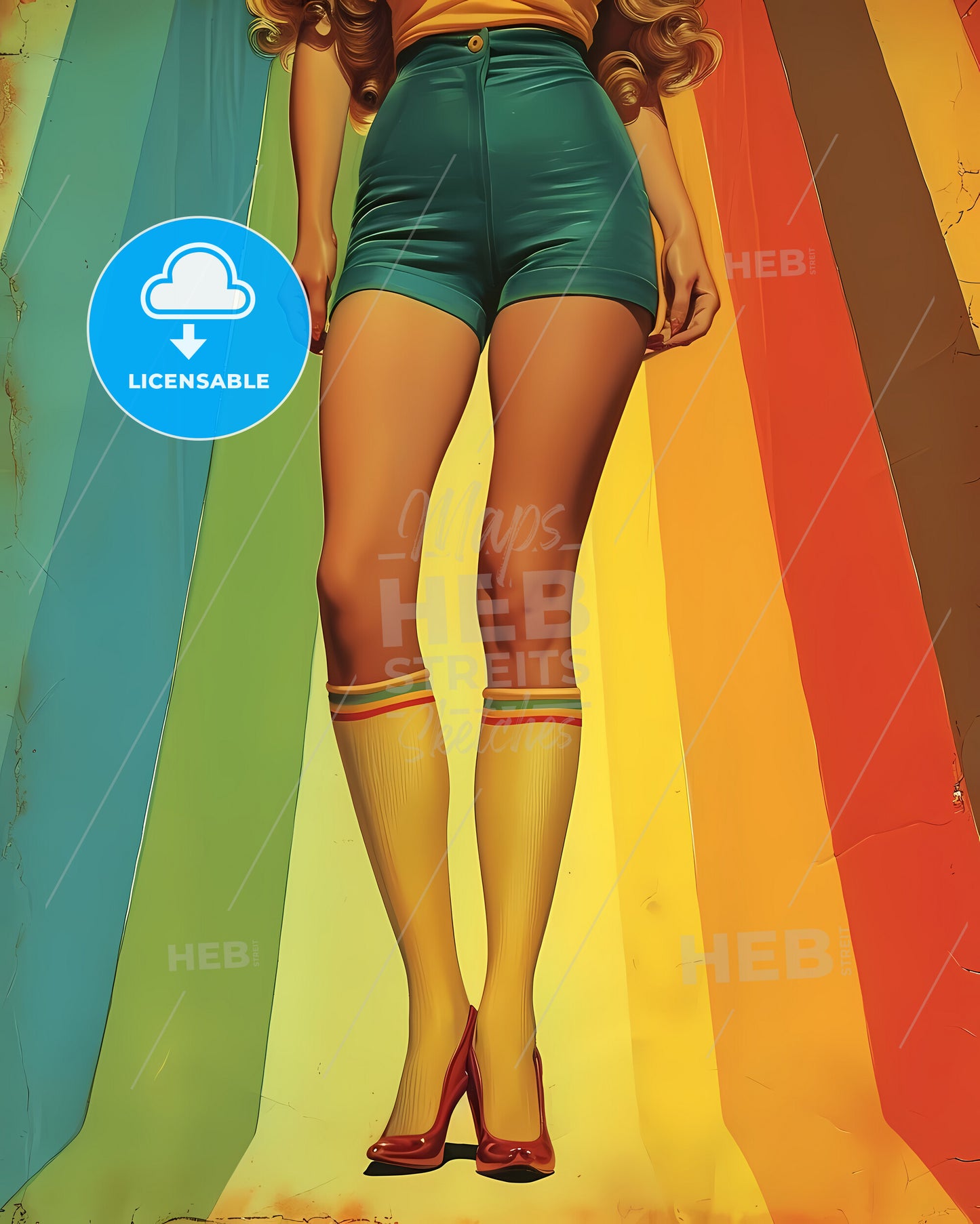 Uncommon Pin Up Girl Illustration - A Woman Wearing Shorts And Rainbow Socks