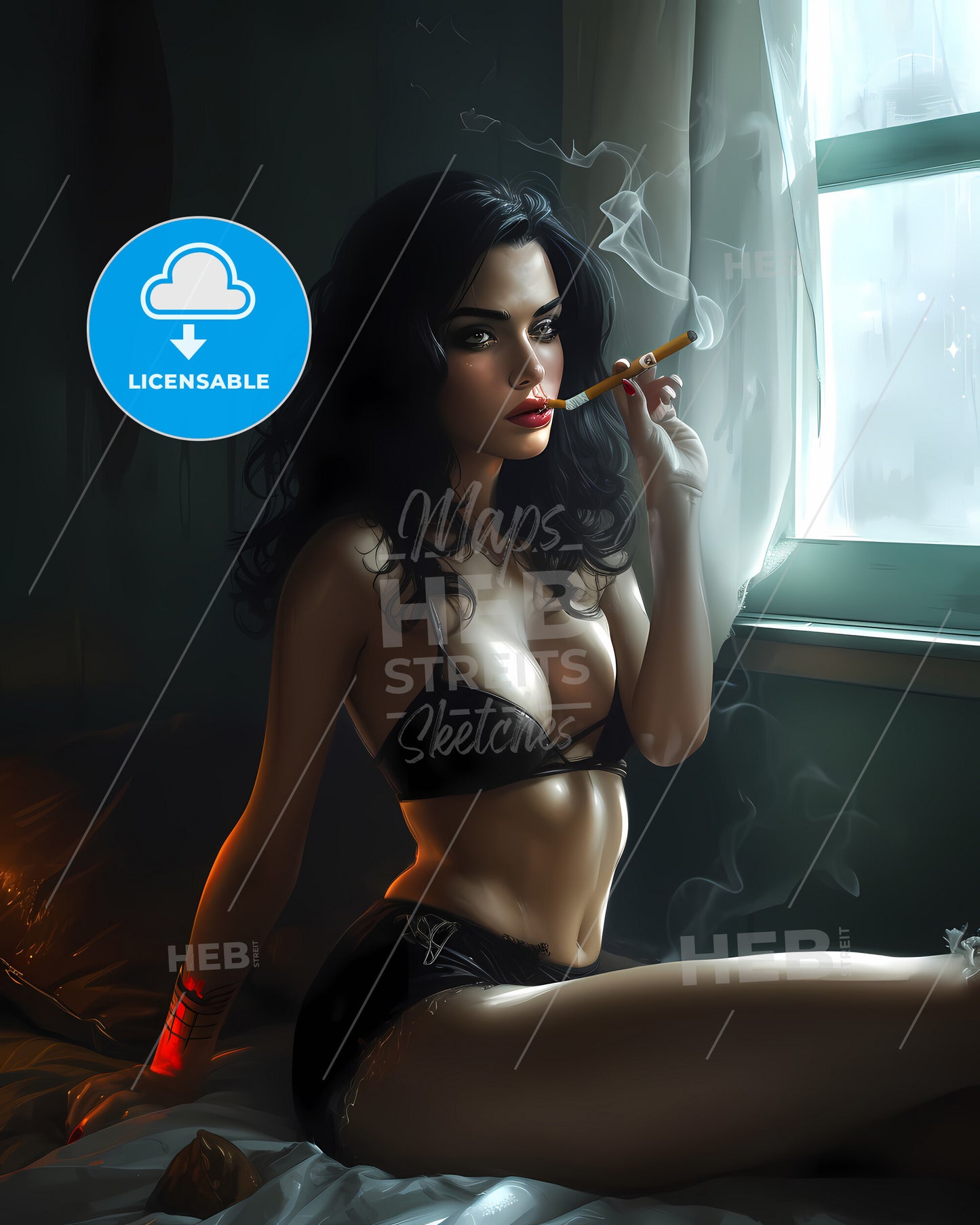 Girl, Pin Up Poster, In The Style Of Hyperrealistic Illustrations, Glamorous Pin-Ups, Camel Cigs, Vintage, Retro - A Woman Smoking A Cigarette