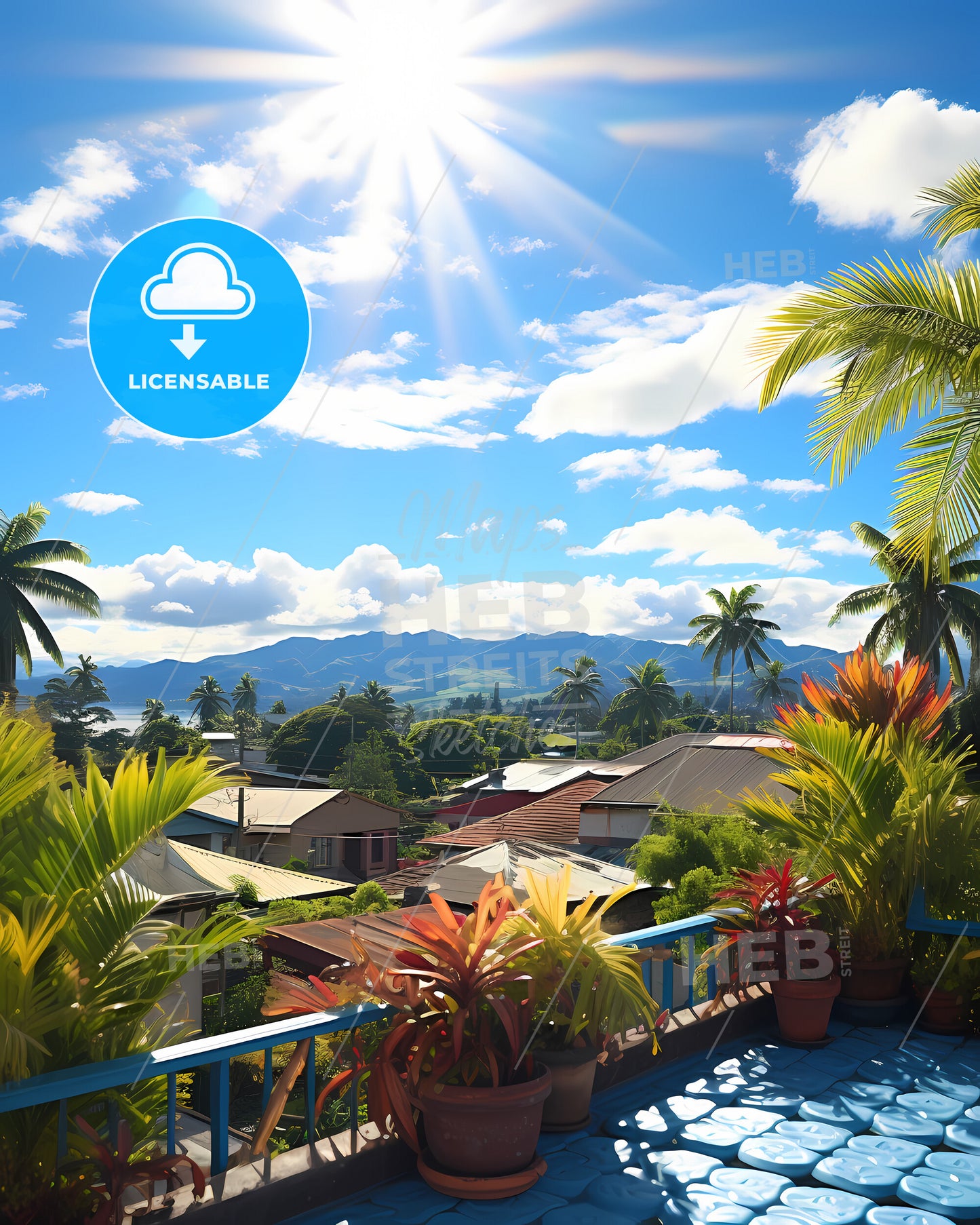 On The Roof Of Cook Islands, New Zealand - A Balcony With Palm Trees And A Blue Railing