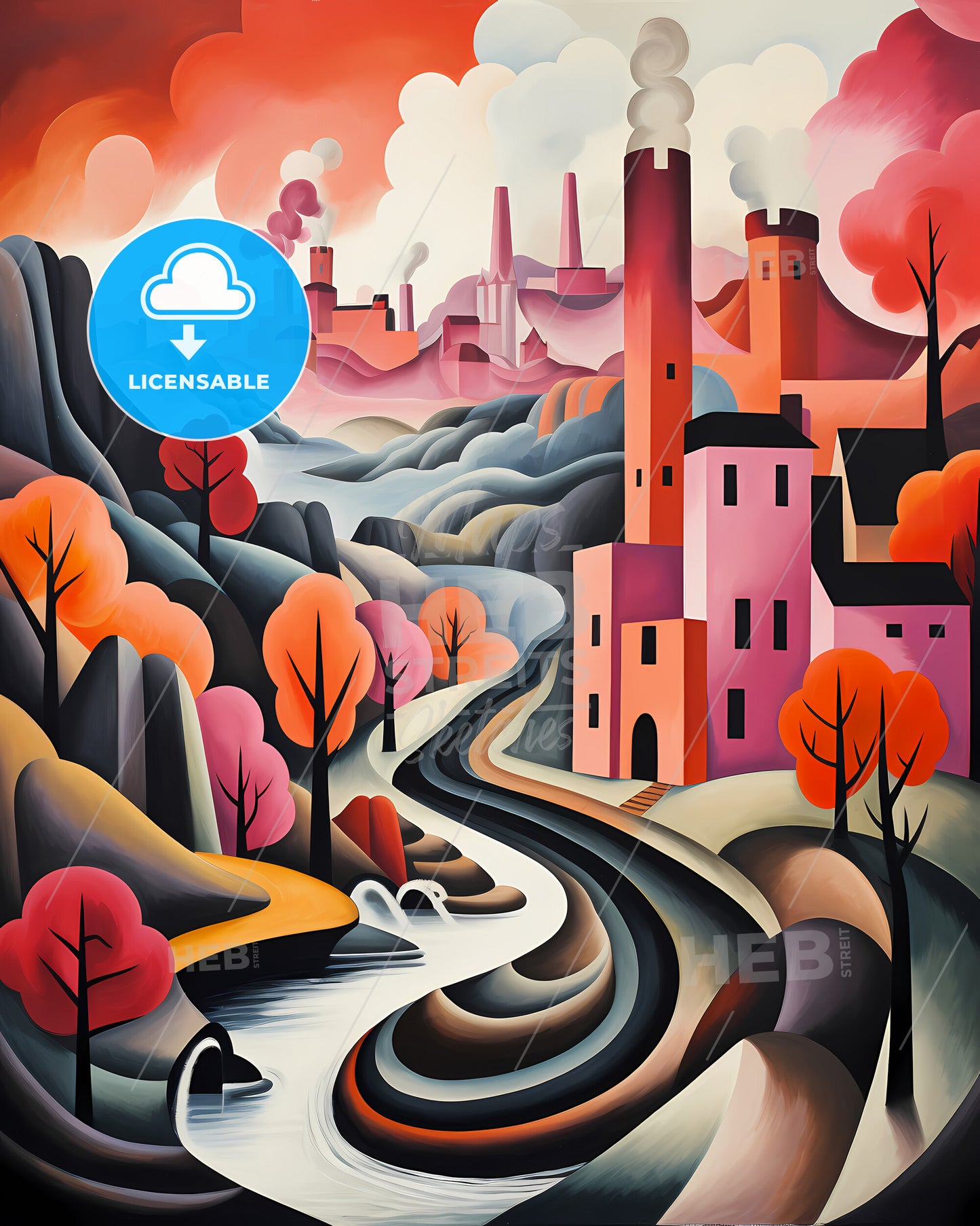 Saint-Étienne, France - A Painting Of A Town With Trees And A River