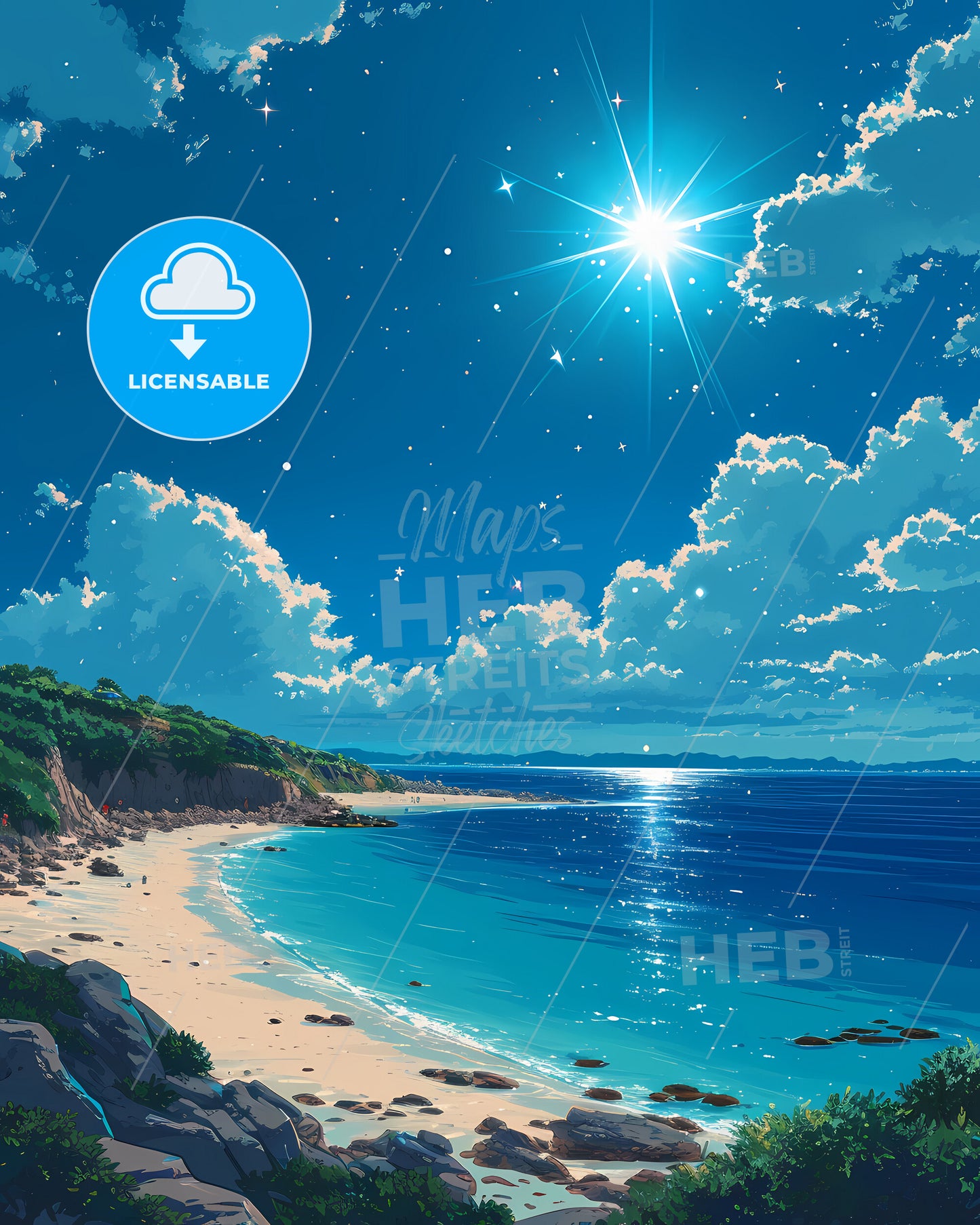 Las Salinas Beach, Spain (Ibiza) - A Beach With Rocks And A Sandy Beach With A Blue Sky And Clouds