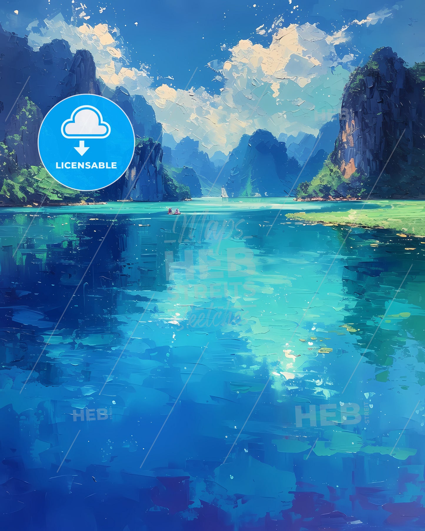 Tam Coc, Vietnam - A Painting Of A Body Of Water With Mountains And Blue Sky