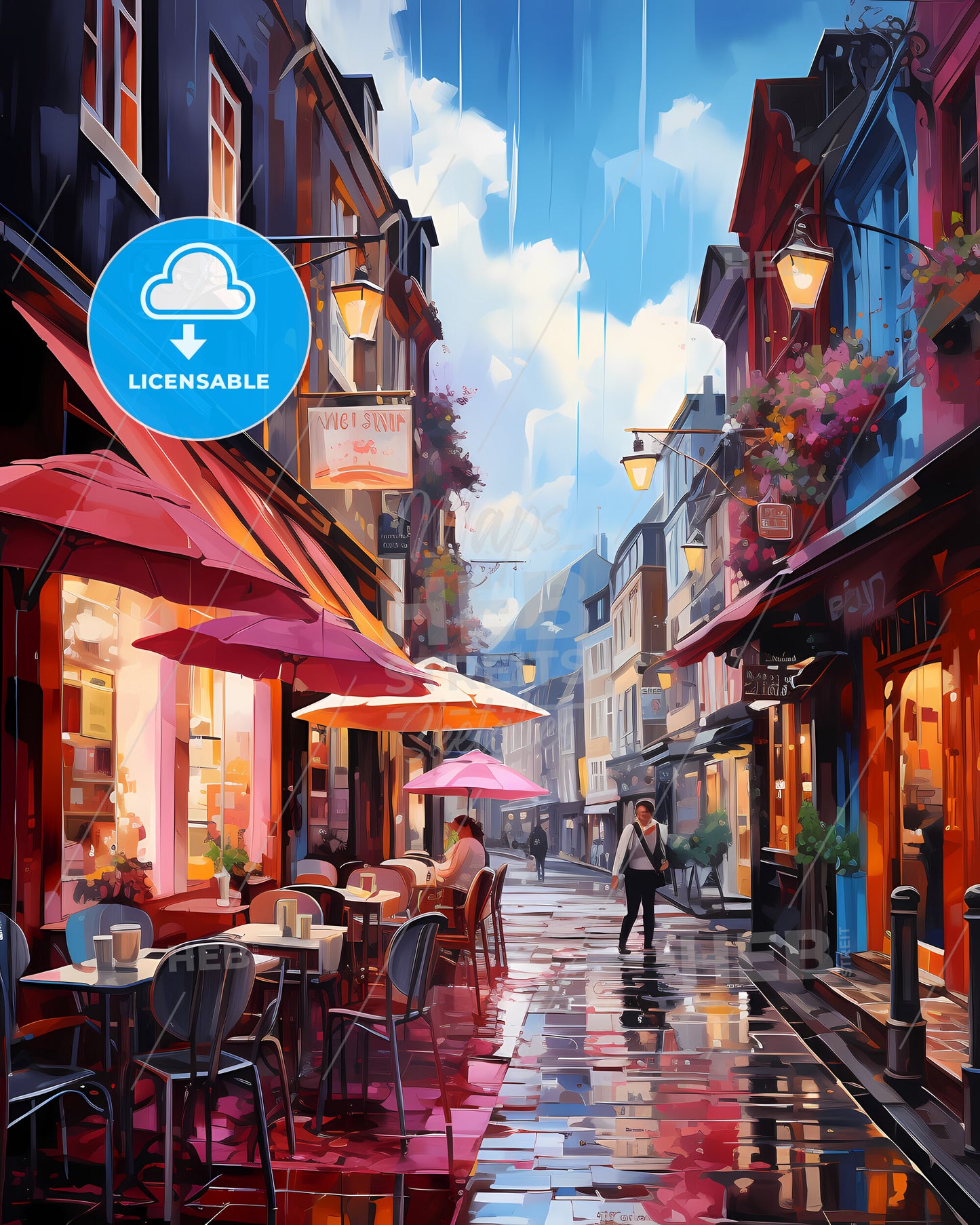 Rouen, France - A Street With Tables And Umbrellas