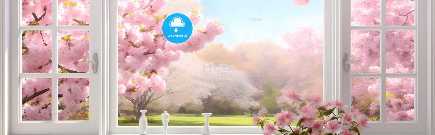 Outstanding Banner For Kitchen Wall Art - A Window With Pink Flowers And Trees In The Background