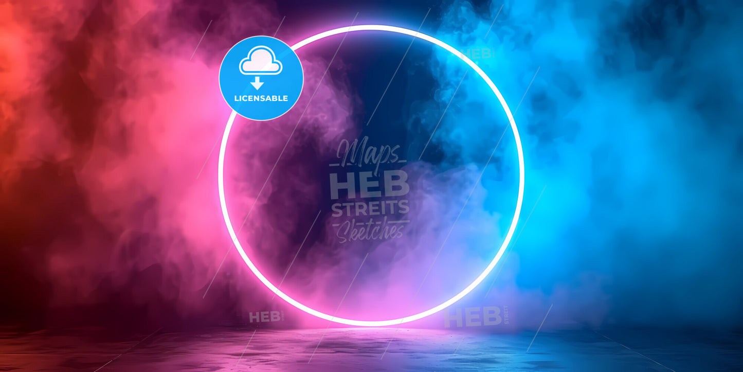 Abstract Neon Background With Illuminated Cloud And Round Geometric Arch - A Neon Circle In Smoke