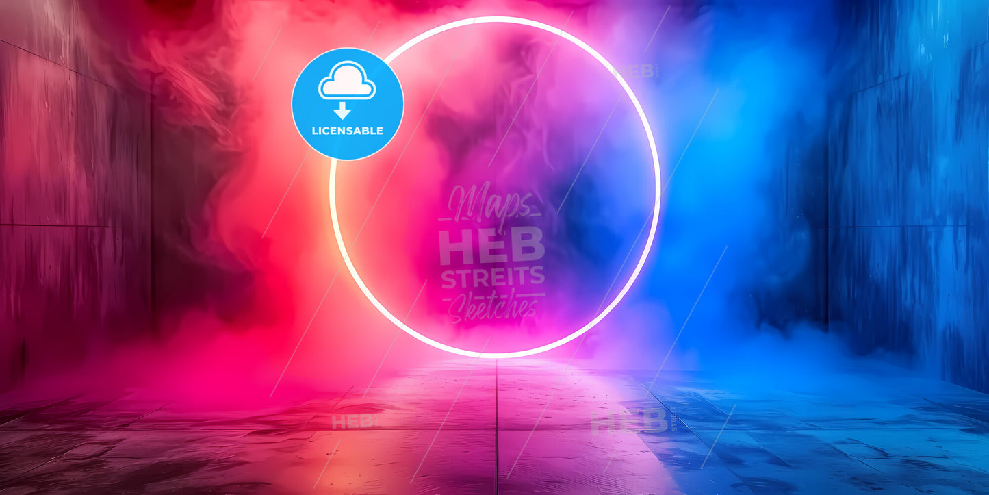 Abstract Neon Background With Illuminated Cloud And Round Geometric Arch - A Circular Light In A Smokey Room