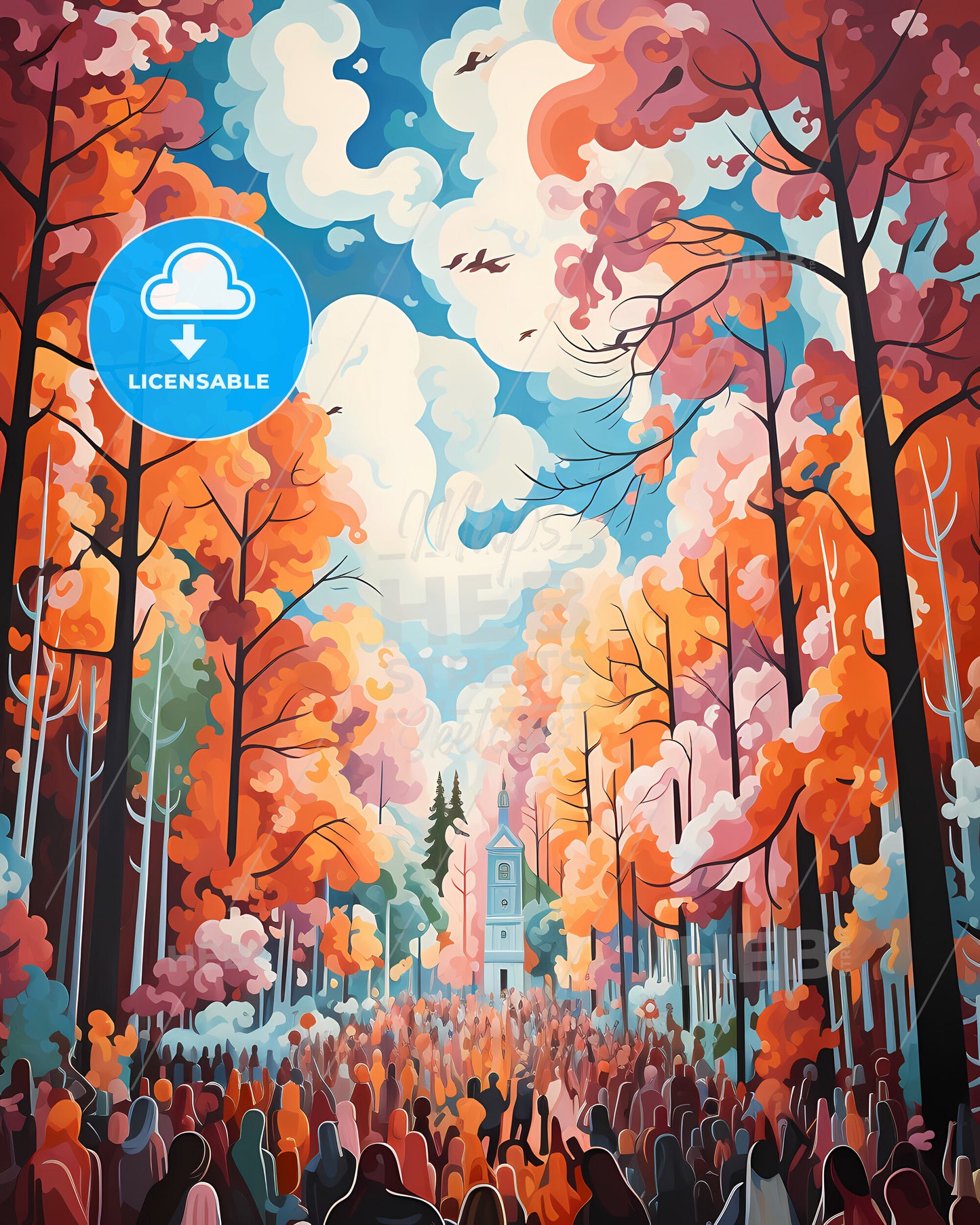 Espoo, Finland - A Painting Of A Church And A Crowd Of People