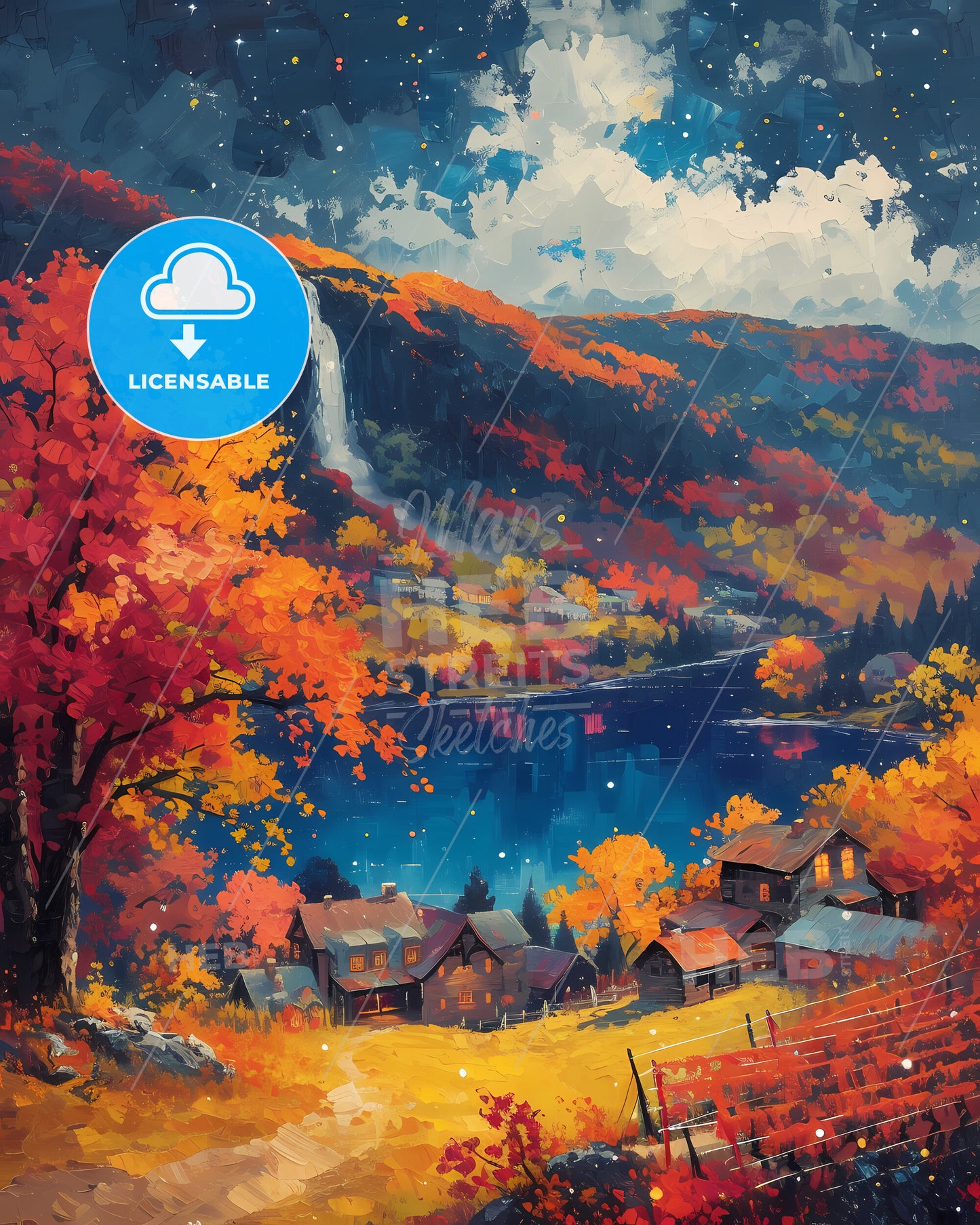 Finger Lakes, Usa - A Painting Of A Village By A Lake With Fall Colors