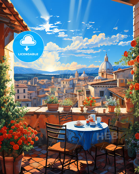 On The Roofs Of Rome, Italy - A Table And Chairs On A Balcony Overlooking A City