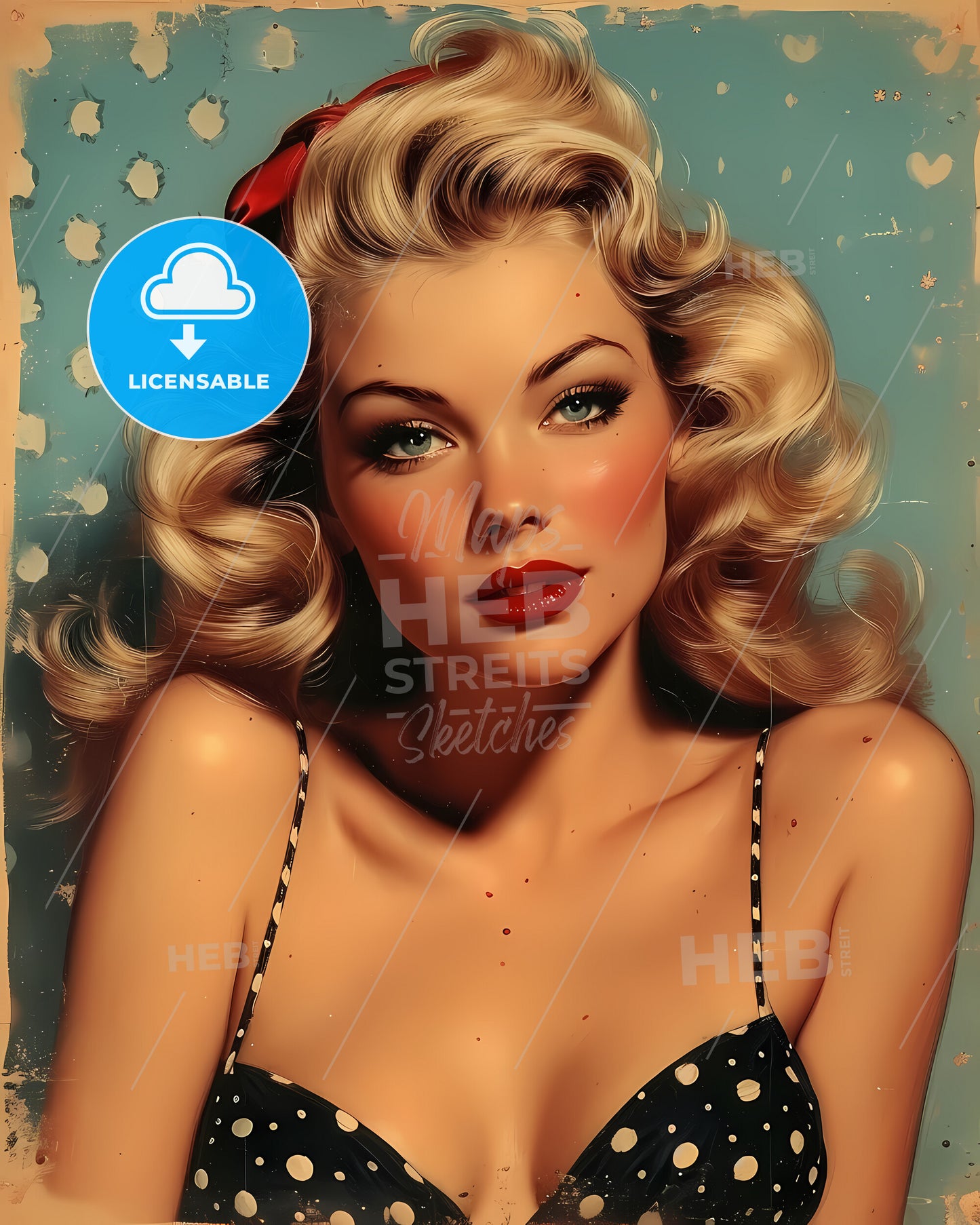 Pin Up Style, 50S Style Illustration, Full Body - A Colorful Street With Stairs And Buildings