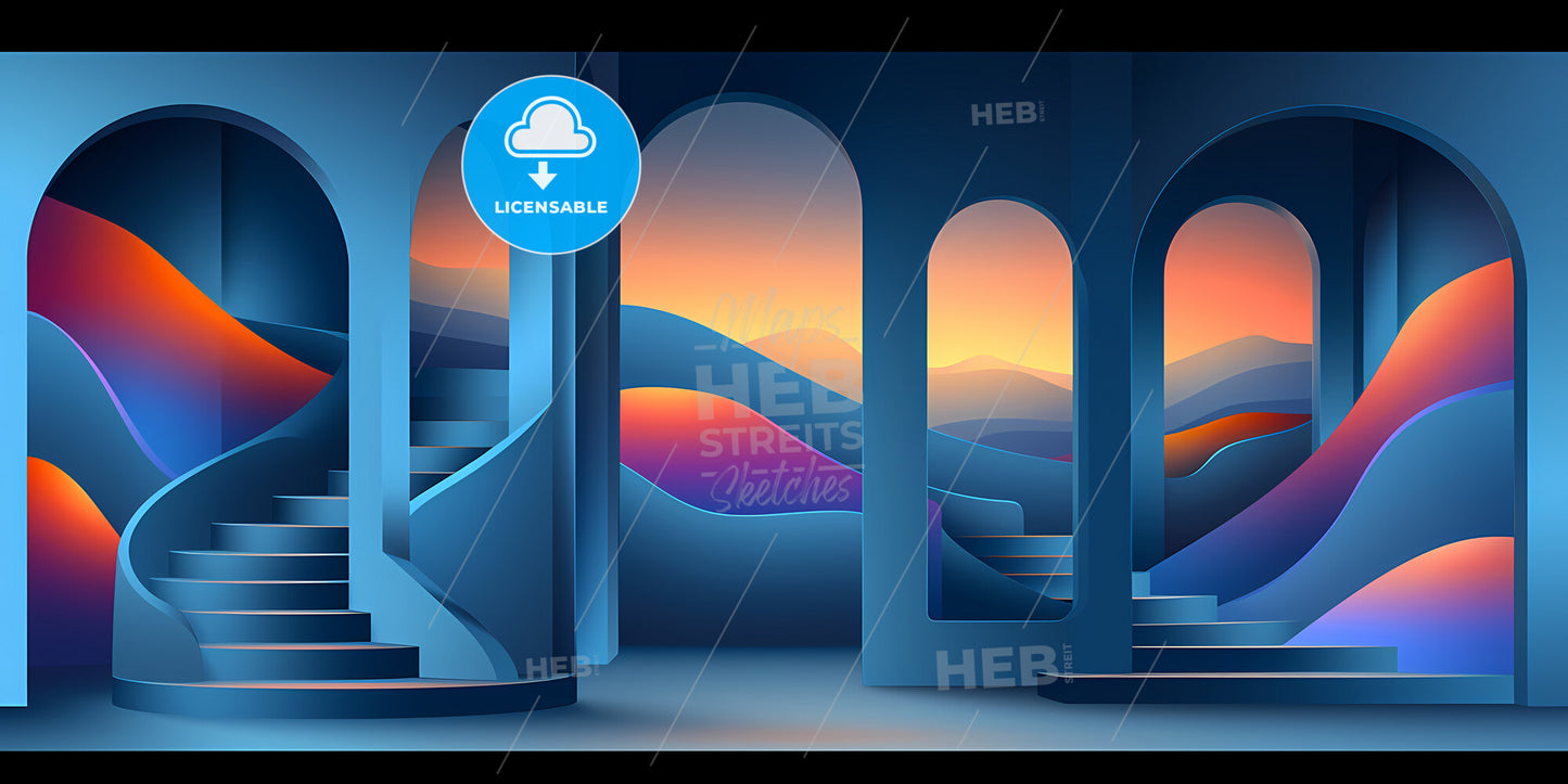 Abstract Minimalist Geometric Background Of Fantastic Sunset Landscape - A Street With Tables And Chairs And Umbrellas In A City