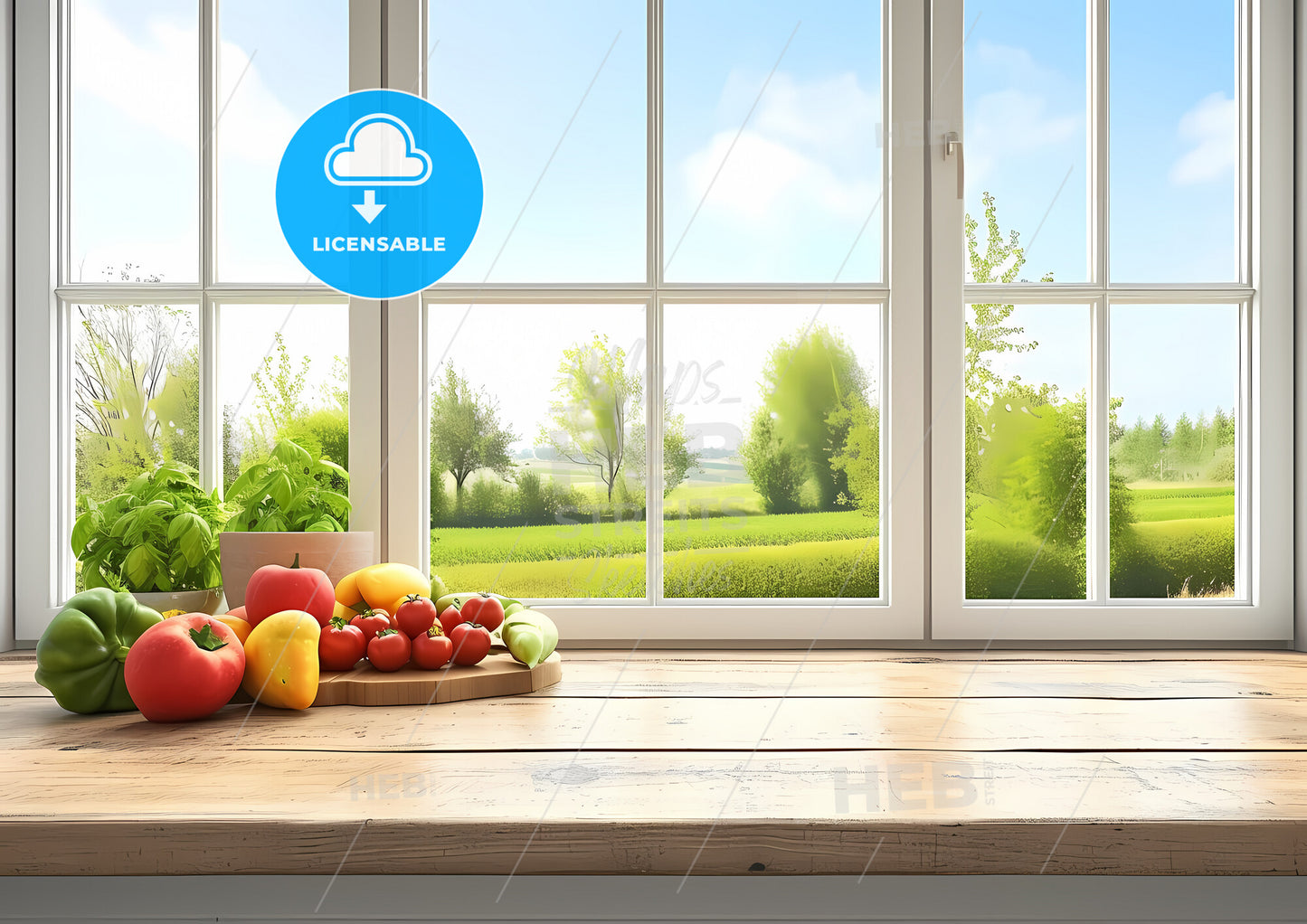 Wooden Table View In A Countryside Kitchen With The View On A Window And A Garden - A Painting Of A Body Of Water With Mountains And Blue Sky