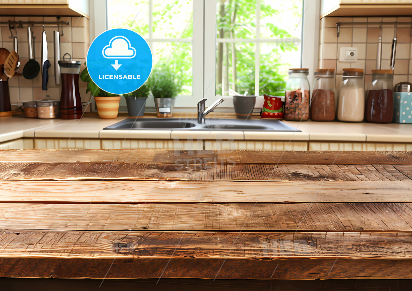 Wooden Table View In A Countryside Kitchen With The View On A Window And A Garden - A Painting Of A Church And A Crowd Of People