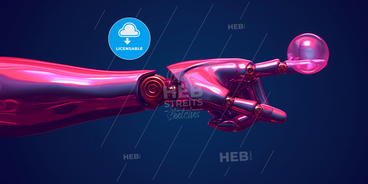 Abstract Metallic Arm, Index Finger Shows Up, Glass Ball With Neon Light, Isolated On Dark Blue Background - A Street With Buildings And A Castle In The Background