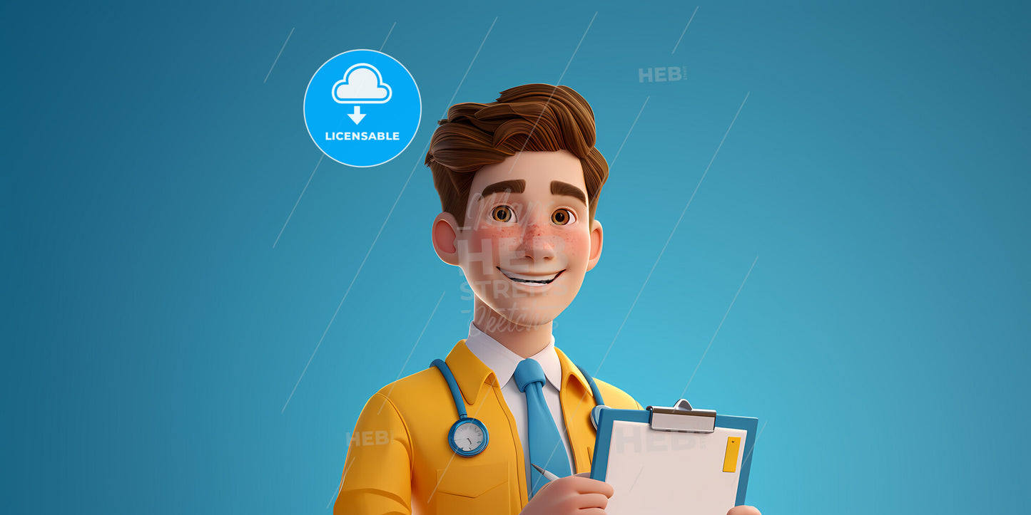 Cartoon Character Young Caucasian Man Isolated On Blue Background - A Colorful Street With A Clock Tower