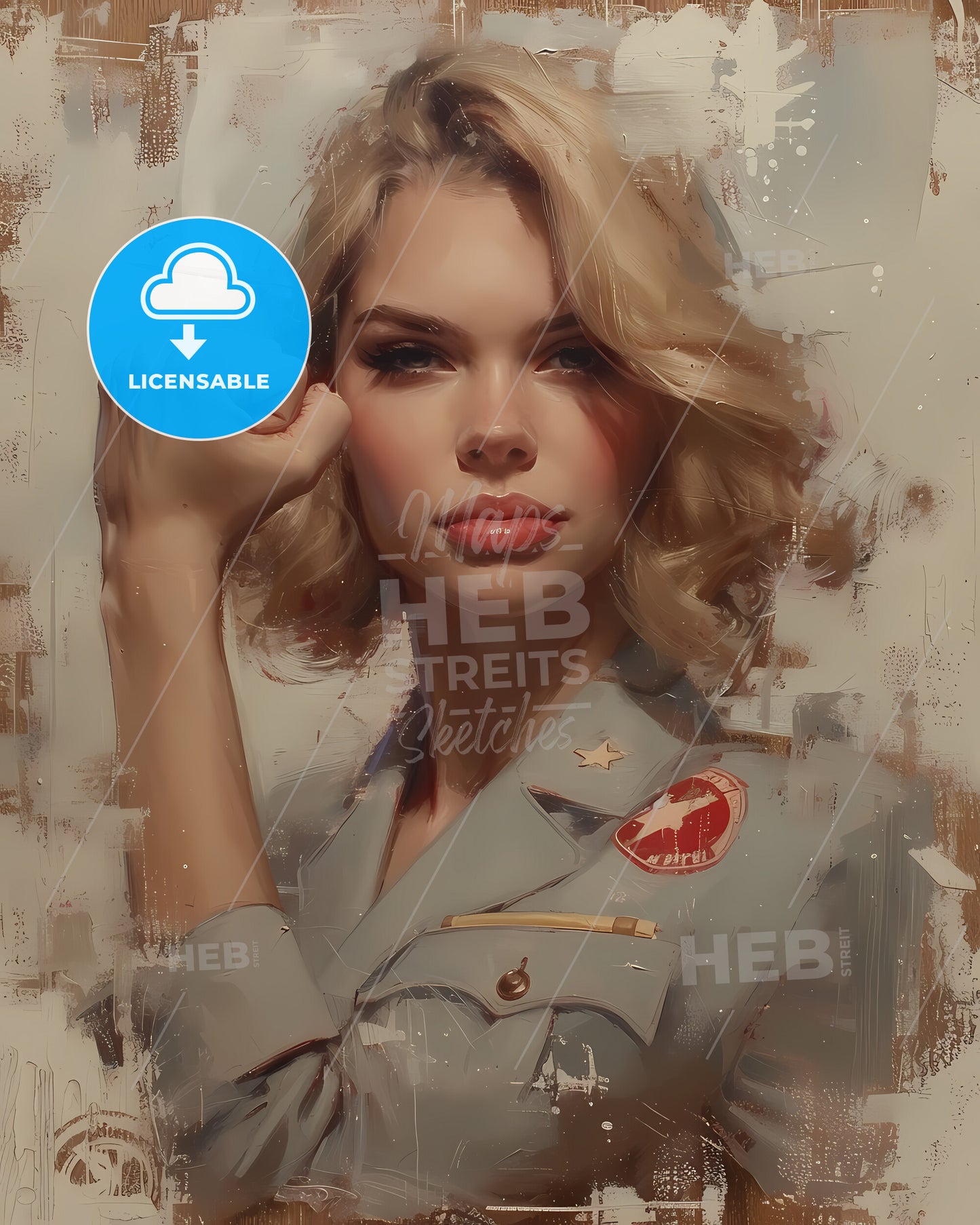 You Can Do It Woman, Vintage Artwork, Flexing Bicep, Wearing Flight Attendant Uniform, Making A Serious Face - A Street With Buildings And A Dome In The Background